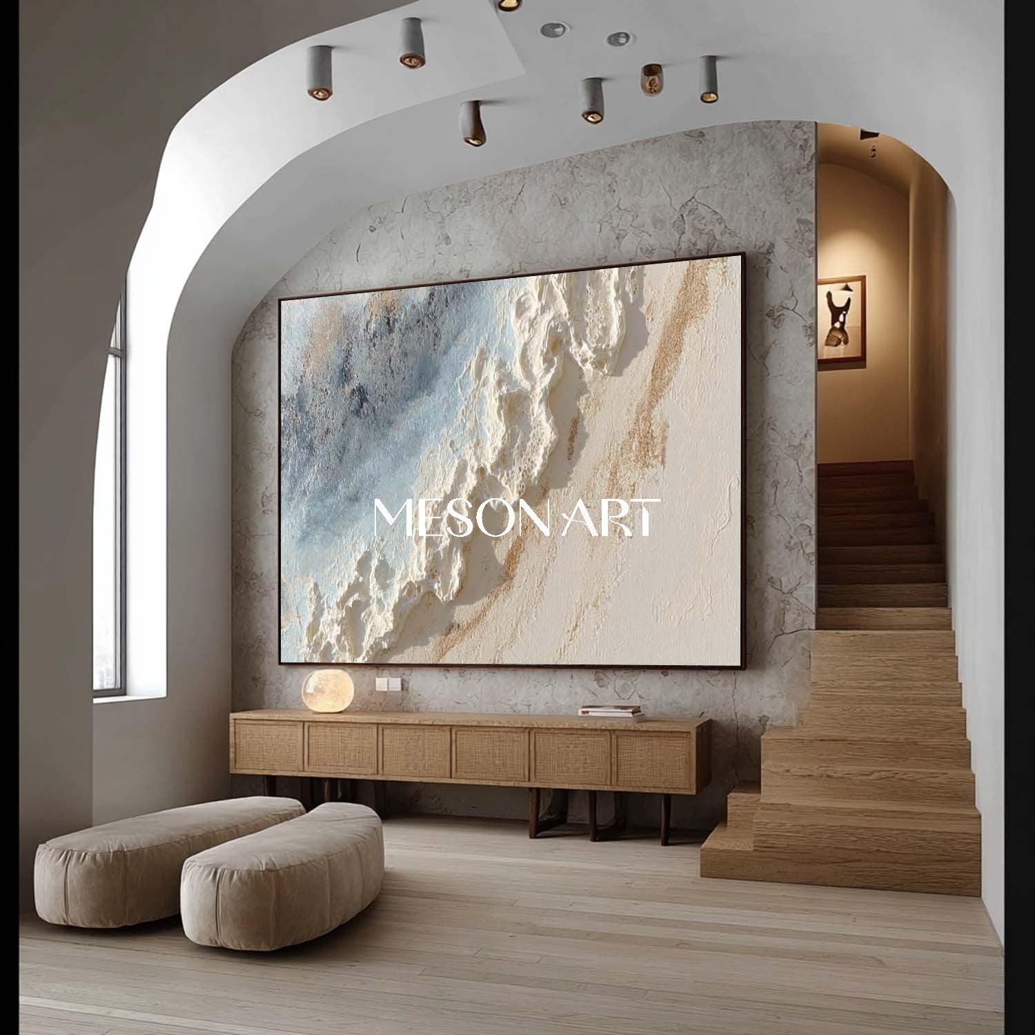 Large 3D Wave Texture Painting on Canvas White Plaster Wall Art