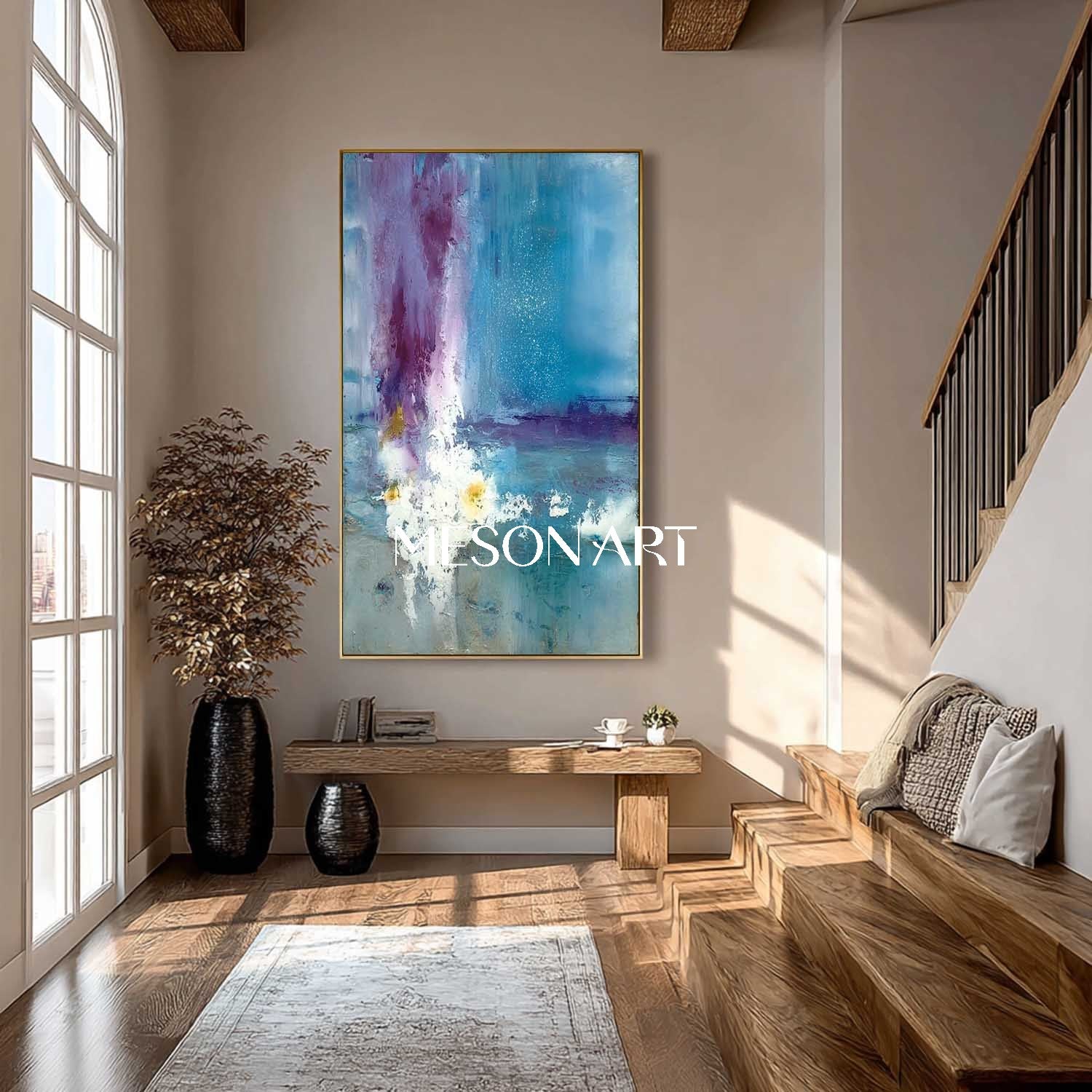 Extra Large Abstract Blue Entrance Wall Art Blue Canvas Painting for Modern Home Décor