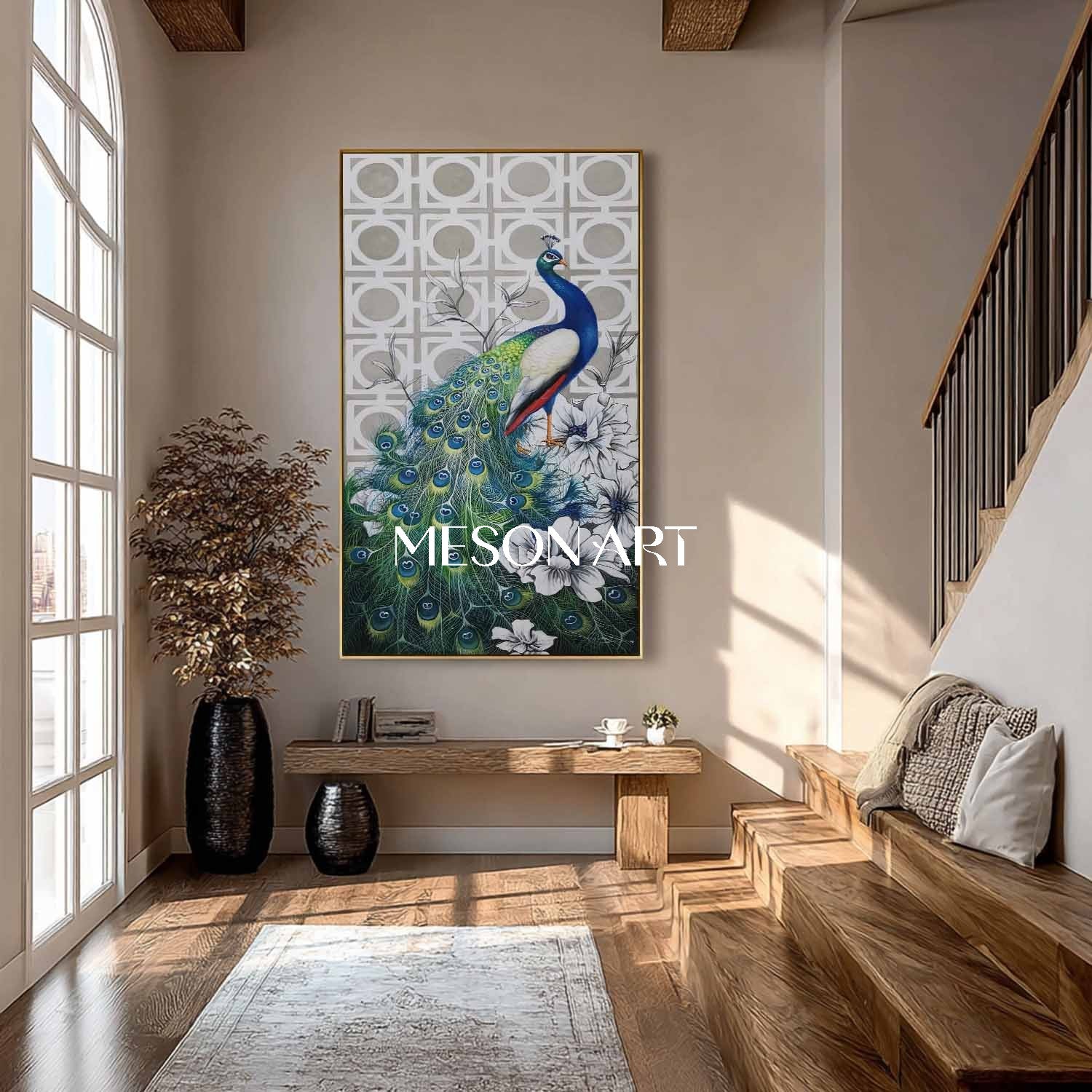 Green Peacock Modern Hand-Painted Painting Vertical Canvas On Sale