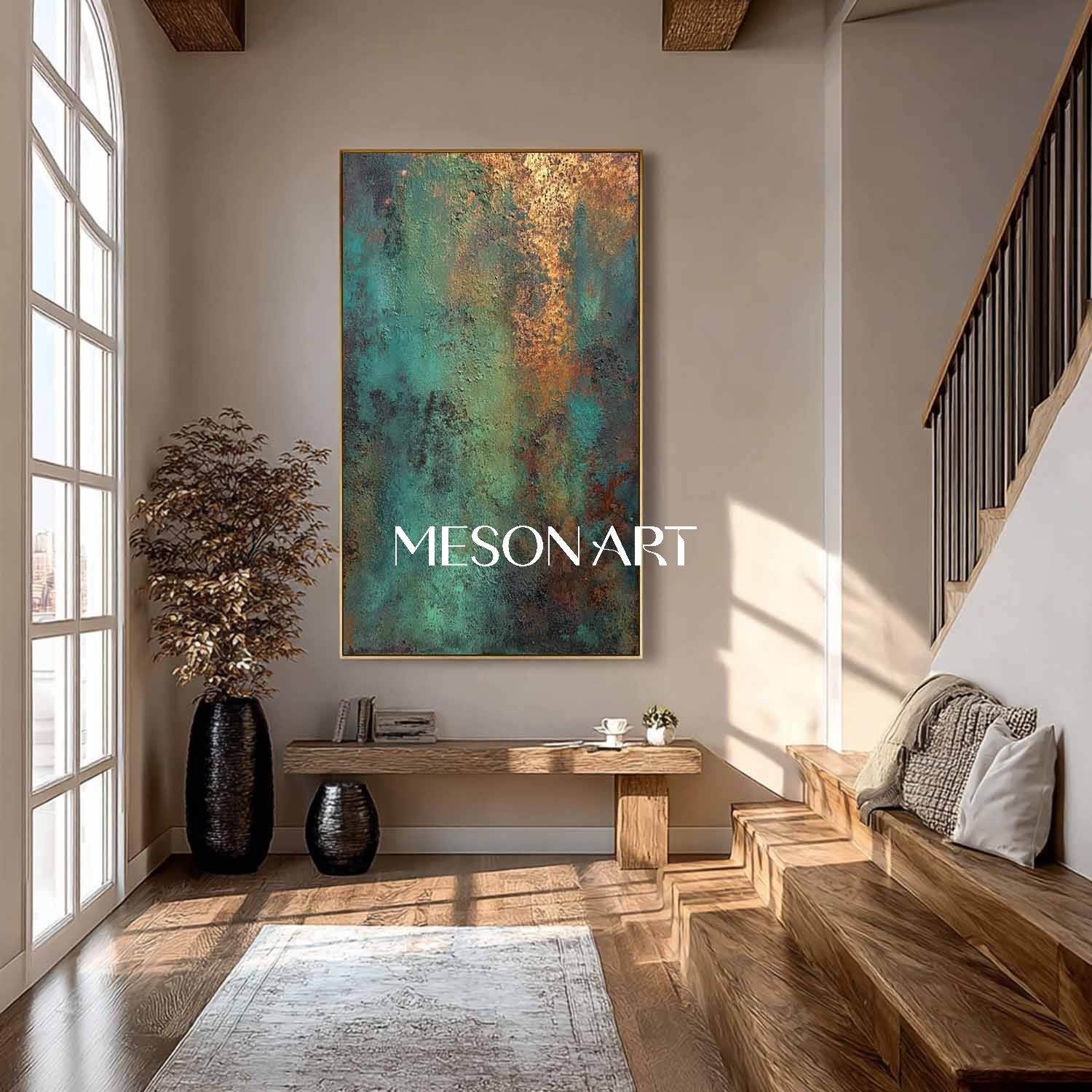Large Green and Bronze Abstract Art Canvas On Sale Entryway Wall Decor