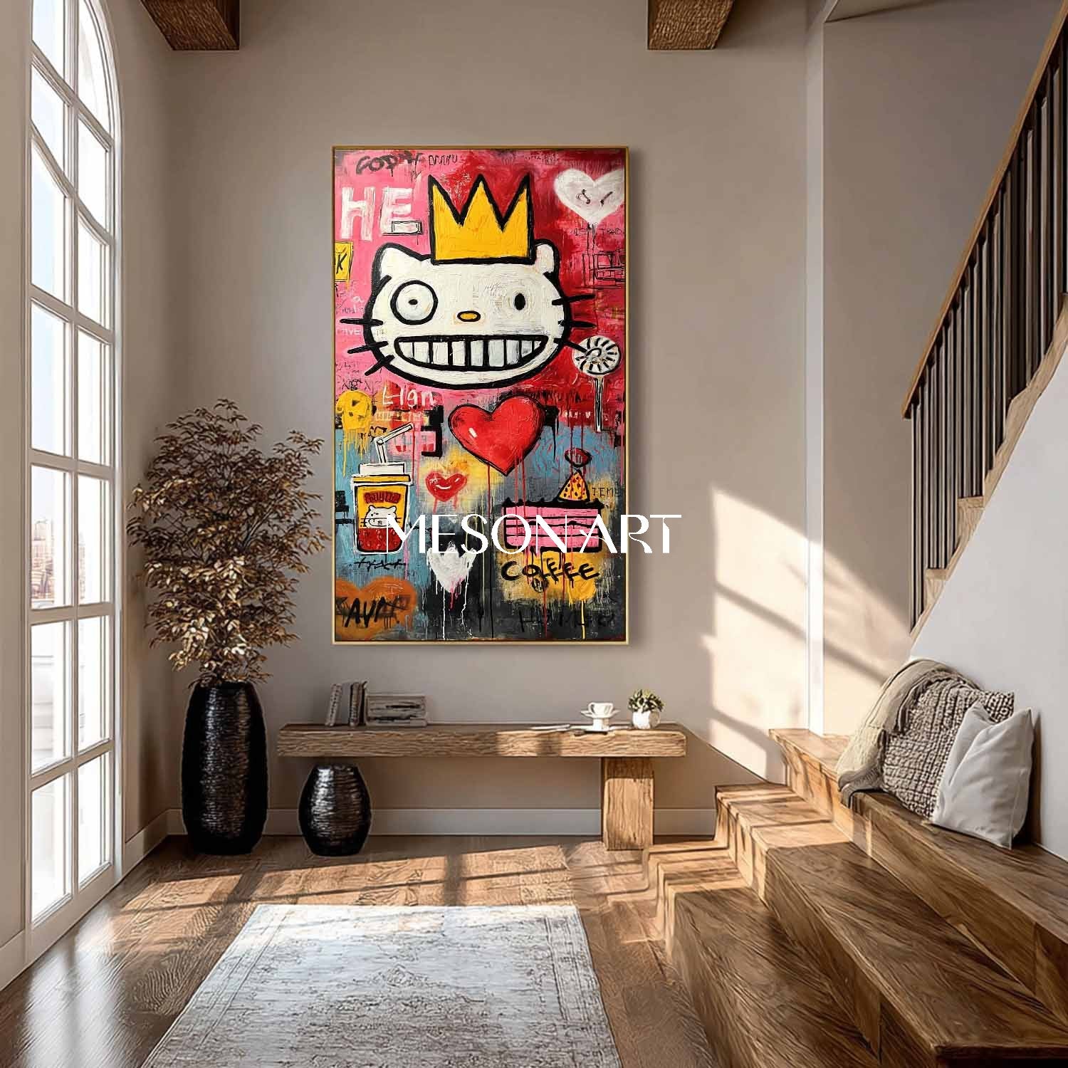 Custom Modern Abstract Crown Cat Impasto Canvas Graffiti Art Entryway