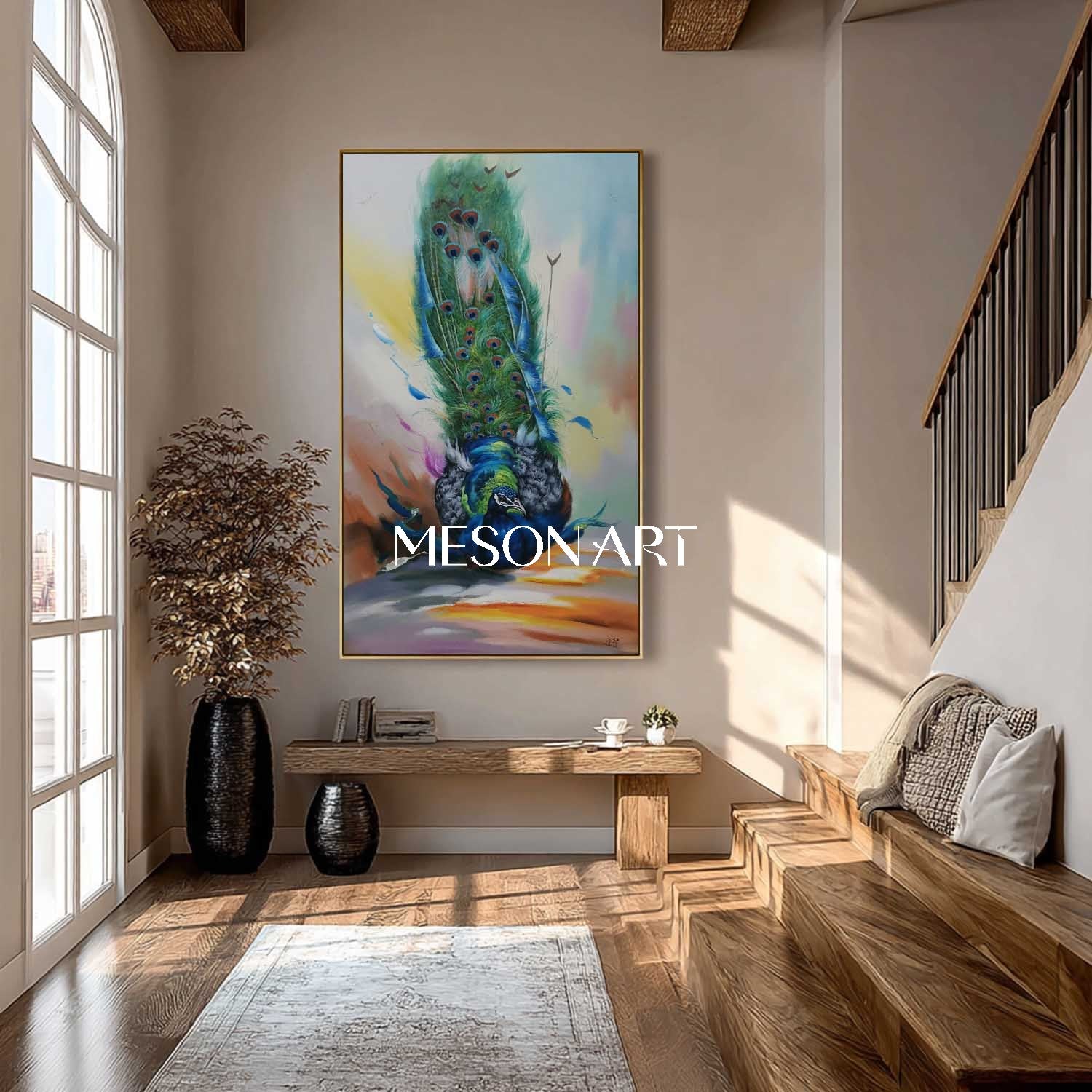 Luxury Peacock Wall Art Hand-Painted Colorful Canvas Painting Entryway