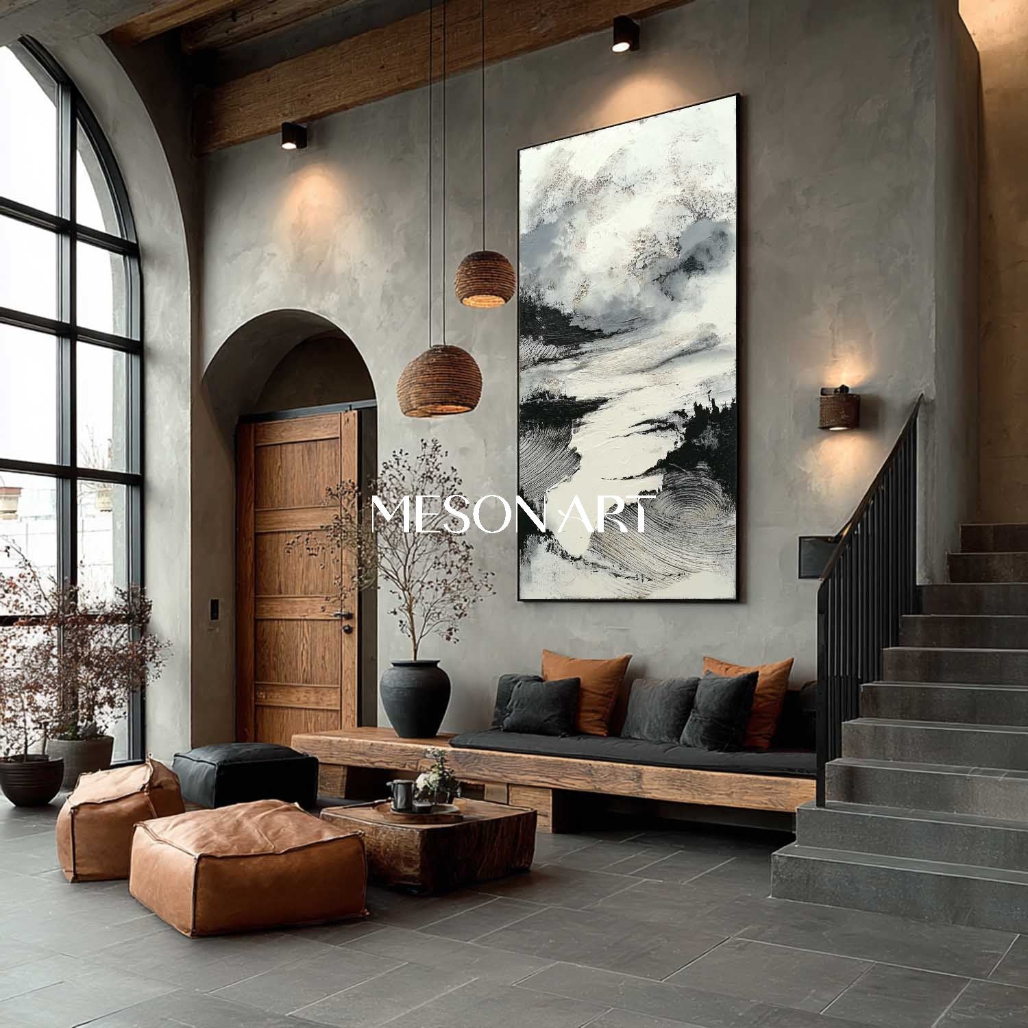 Modern Wabi Sabi Wall Art Vertical Black Textured Painting Enterway