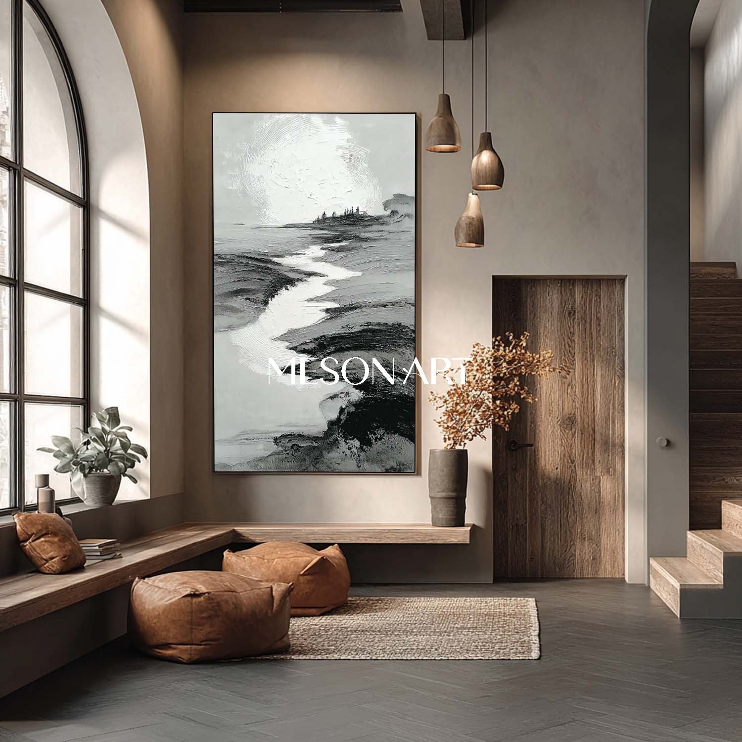 Wabi Sabi Inspired Black Textured Landscape Modern Hallway Wall Art