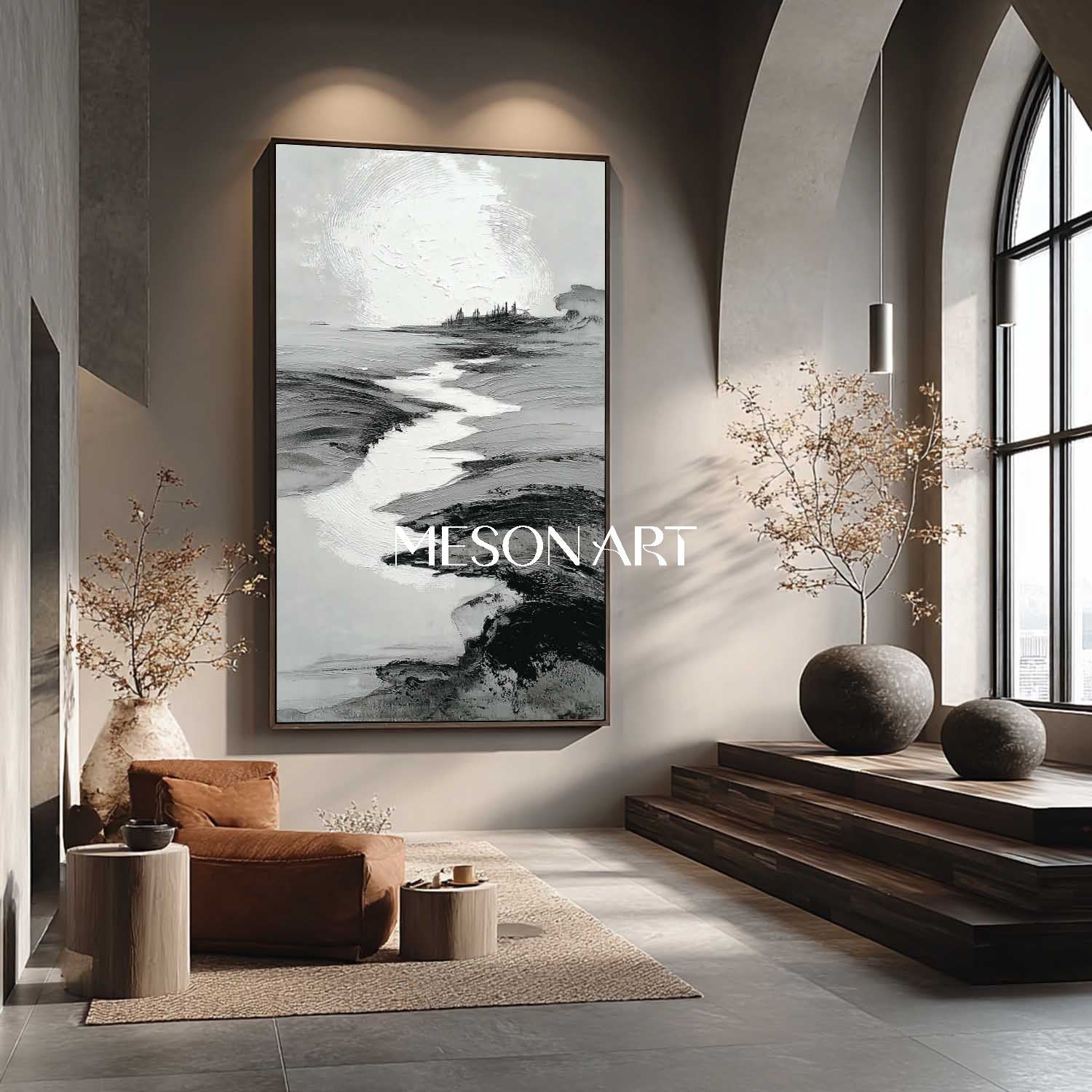 Wabi Sabi Inspired Black Textured Landscape Modern Hallway Wall Art