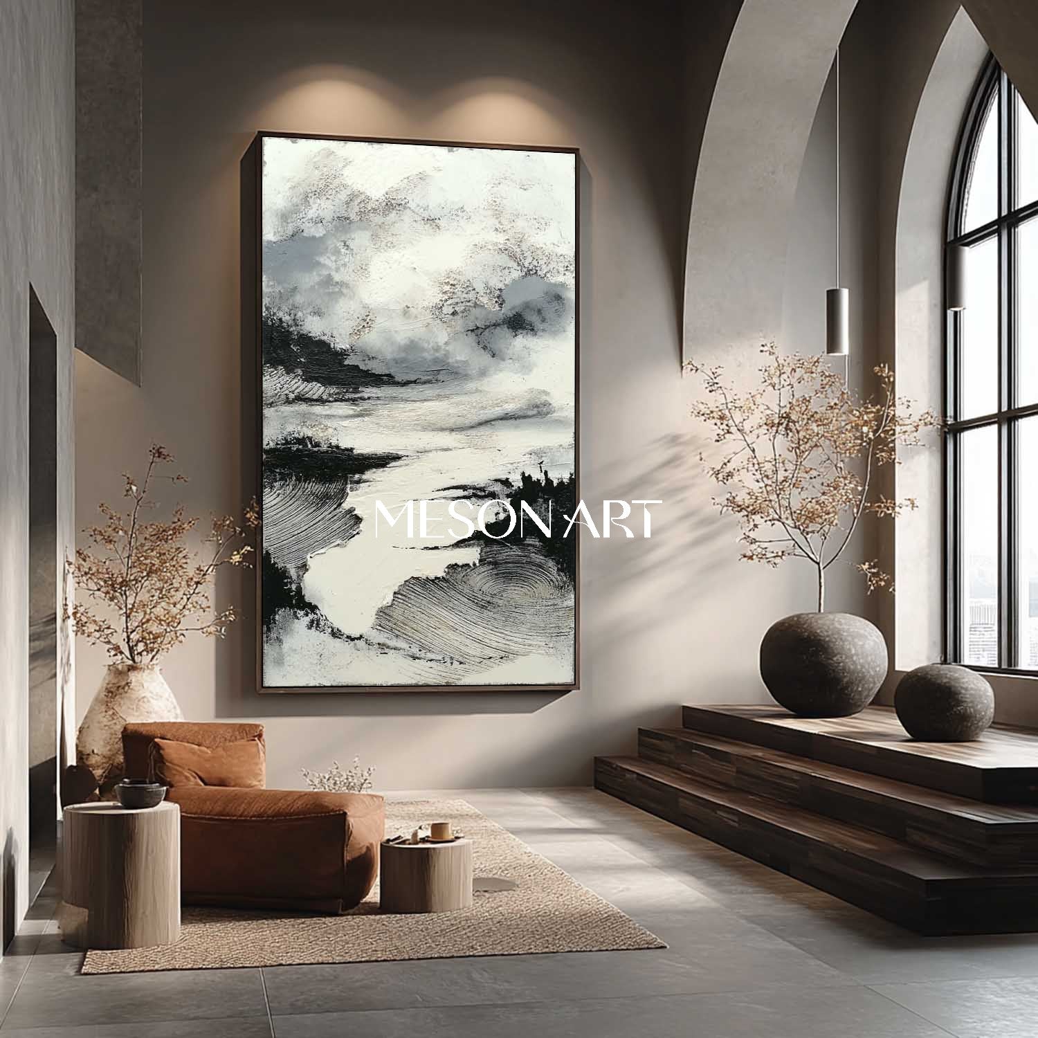 Modern Wabi Sabi Wall Art Vertical Black Textured Painting Enterway