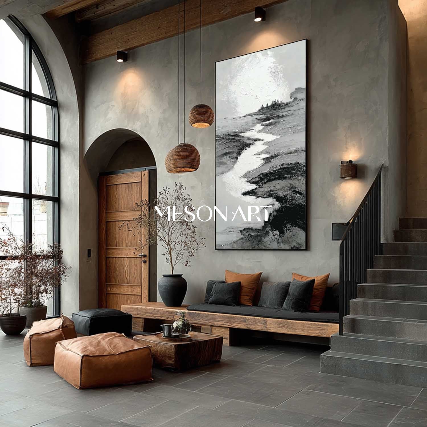 Wabi Sabi Inspired Black Textured Landscape Modern Hallway Wall Art