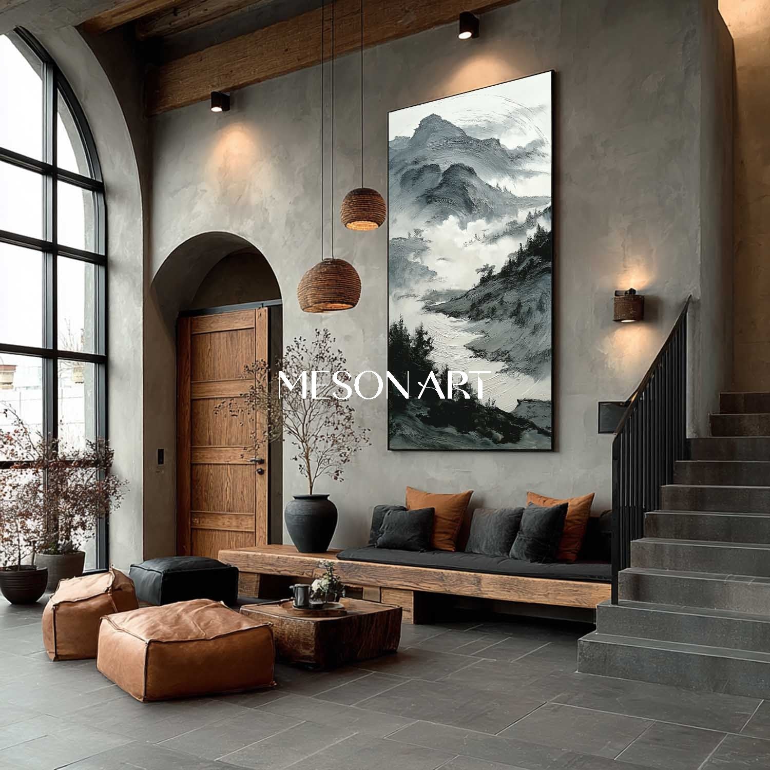 Vertical Black White Wabi Sabi Landscape Textured Canvas Entryway Art