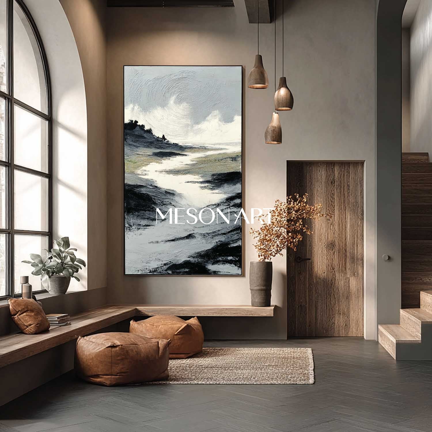 Modern Impasto Landscape Painting Neutral Mountain Texture Artwork