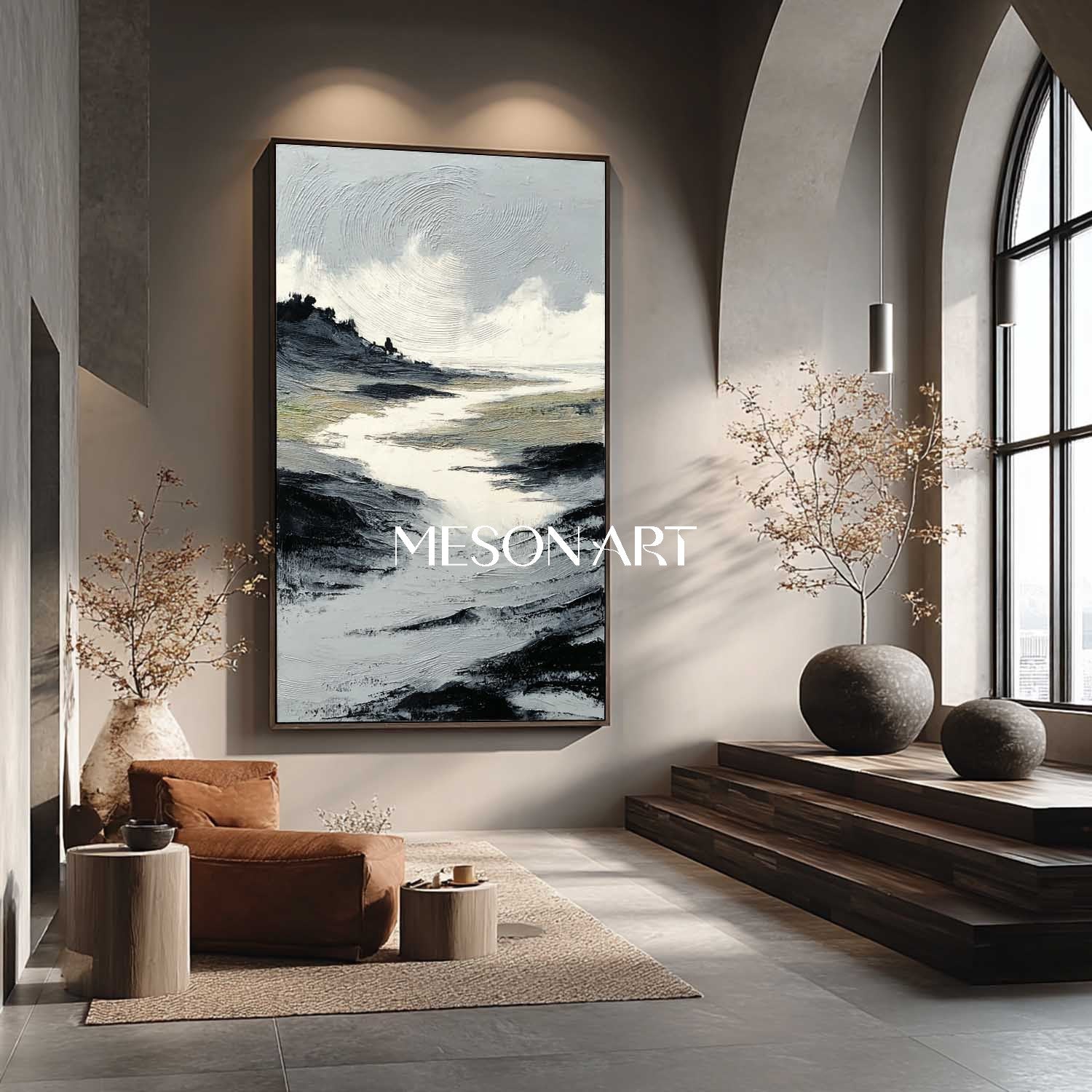 Modern Impasto Landscape Painting Neutral Mountain Texture Artwork