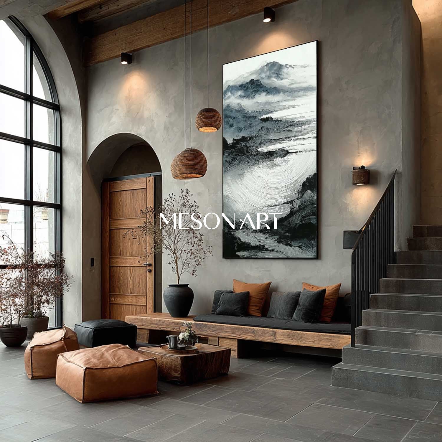 Large Black White Wabi Sabi Landscape Canvas Narrow Art Hallway Decor