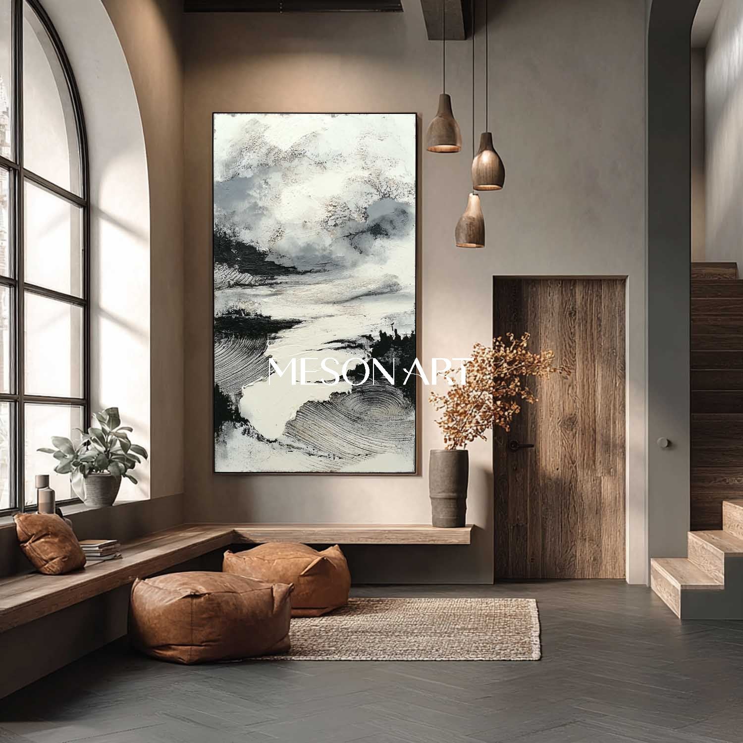 Modern Wabi Sabi Wall Art Vertical Black Textured Painting Enterway