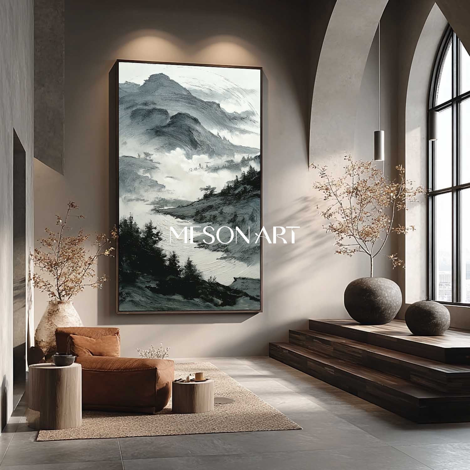 Vertical Black White Wabi Sabi Landscape Textured Canvas Entryway Art