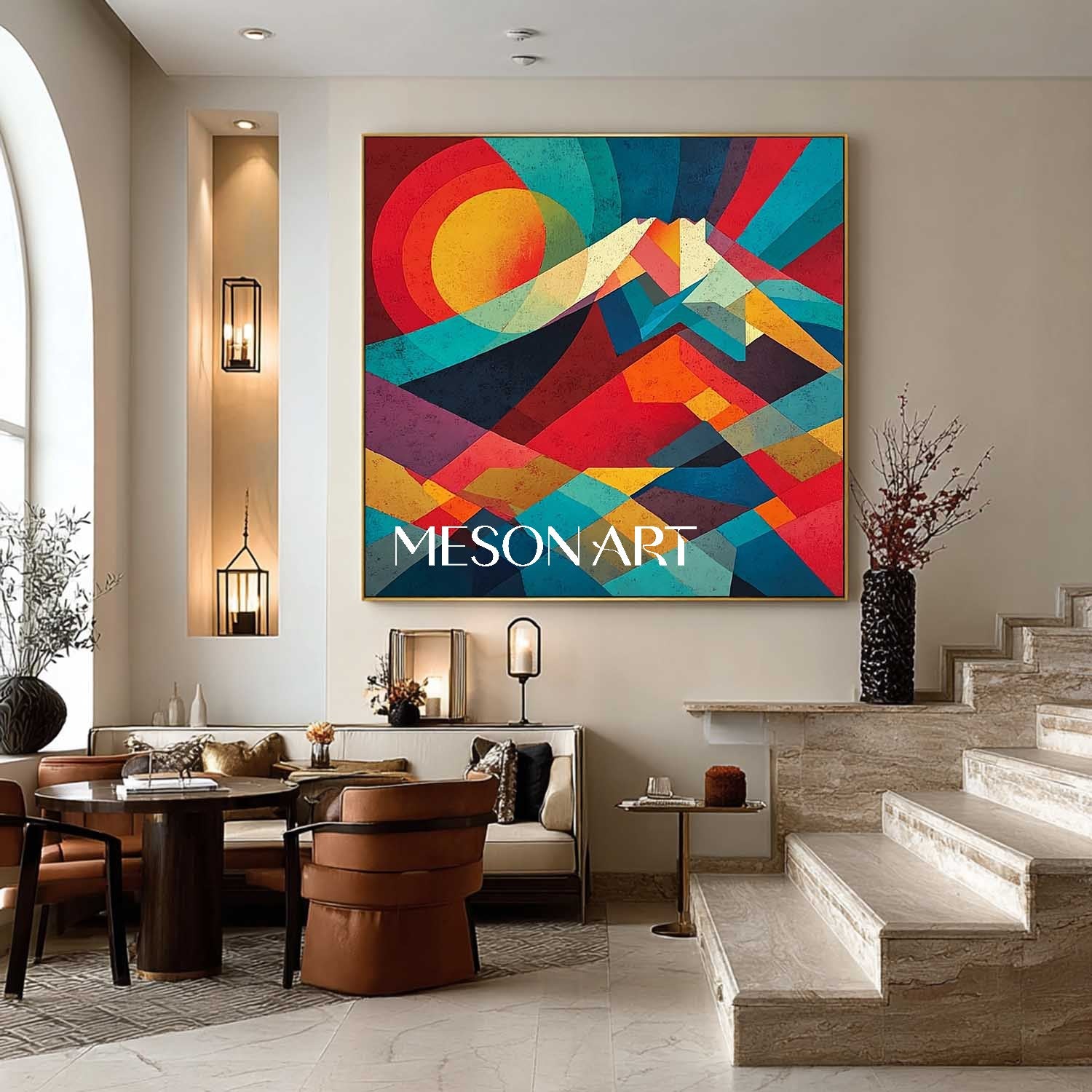 Colorful Geometric Sunrise Landscape Wall Art Abstract Mountain Canvas