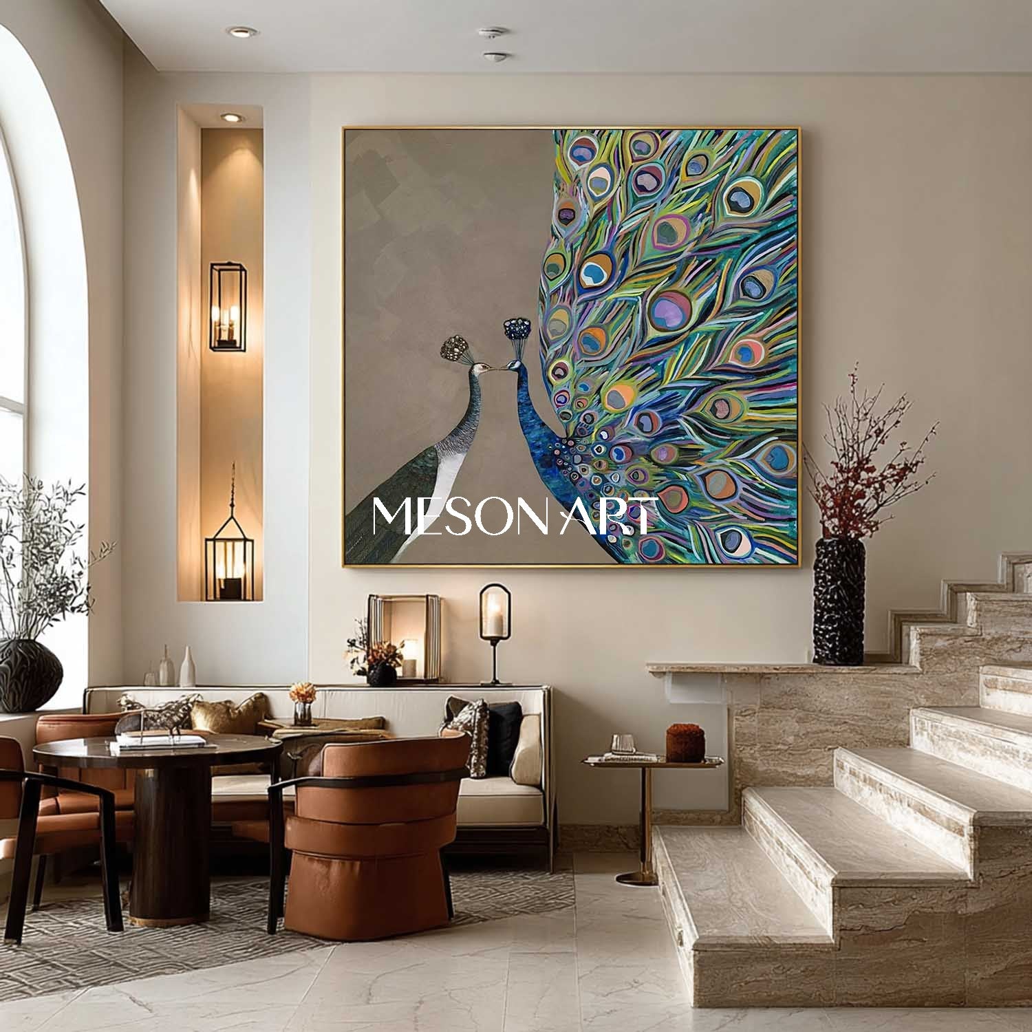 Modern Abstract Peacock Couple Wall Art Brown Canvas Painting Enterway