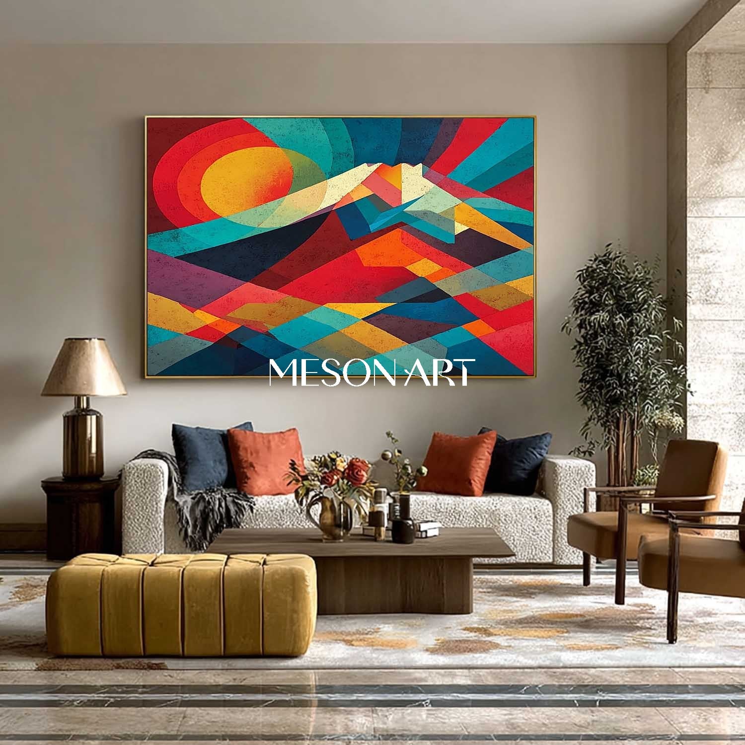 Geometric Abstract Landscape Painting Modern Mountain Art Living Room