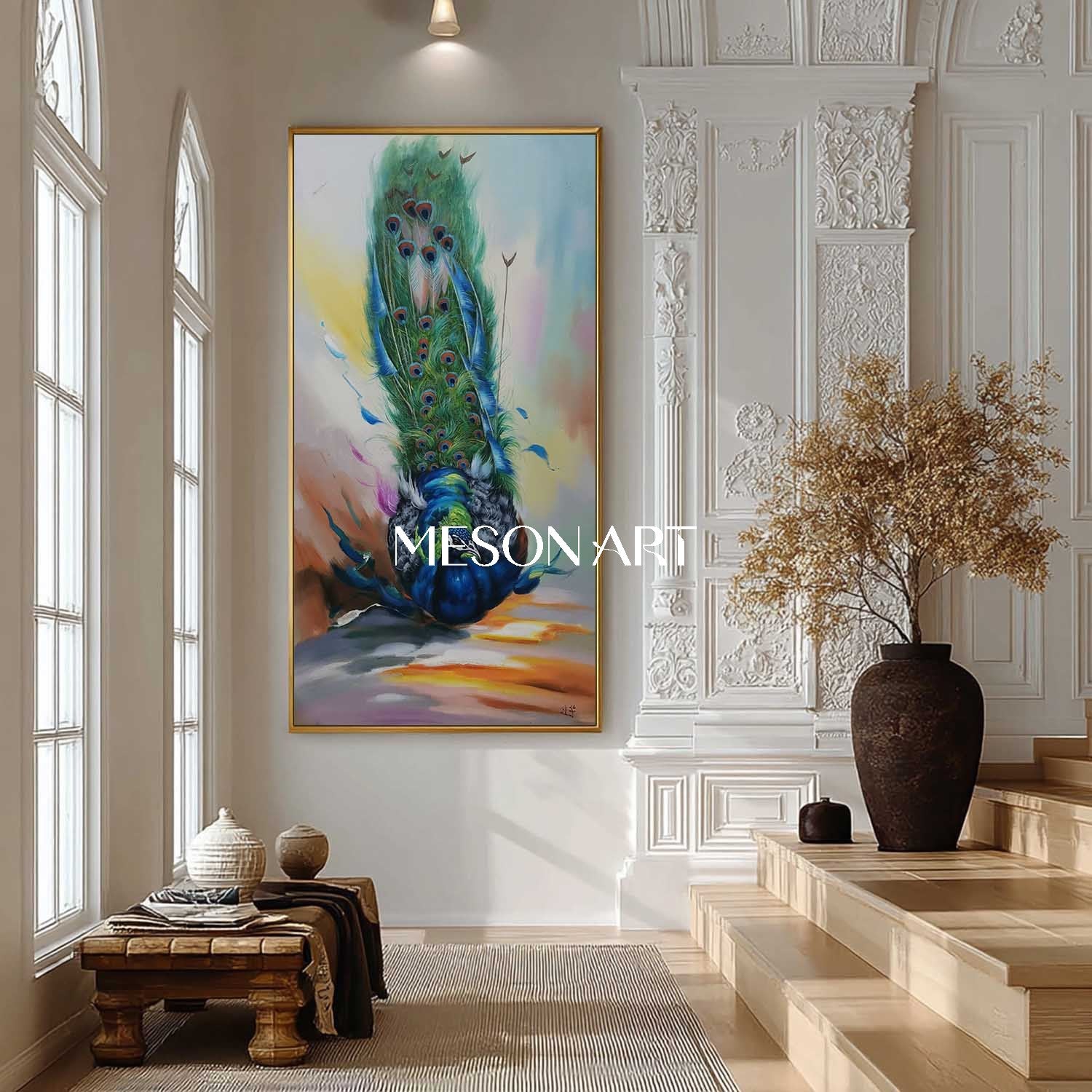 Luxury Peacock Wall Art Hand-Painted Colorful Canvas Painting Entryway