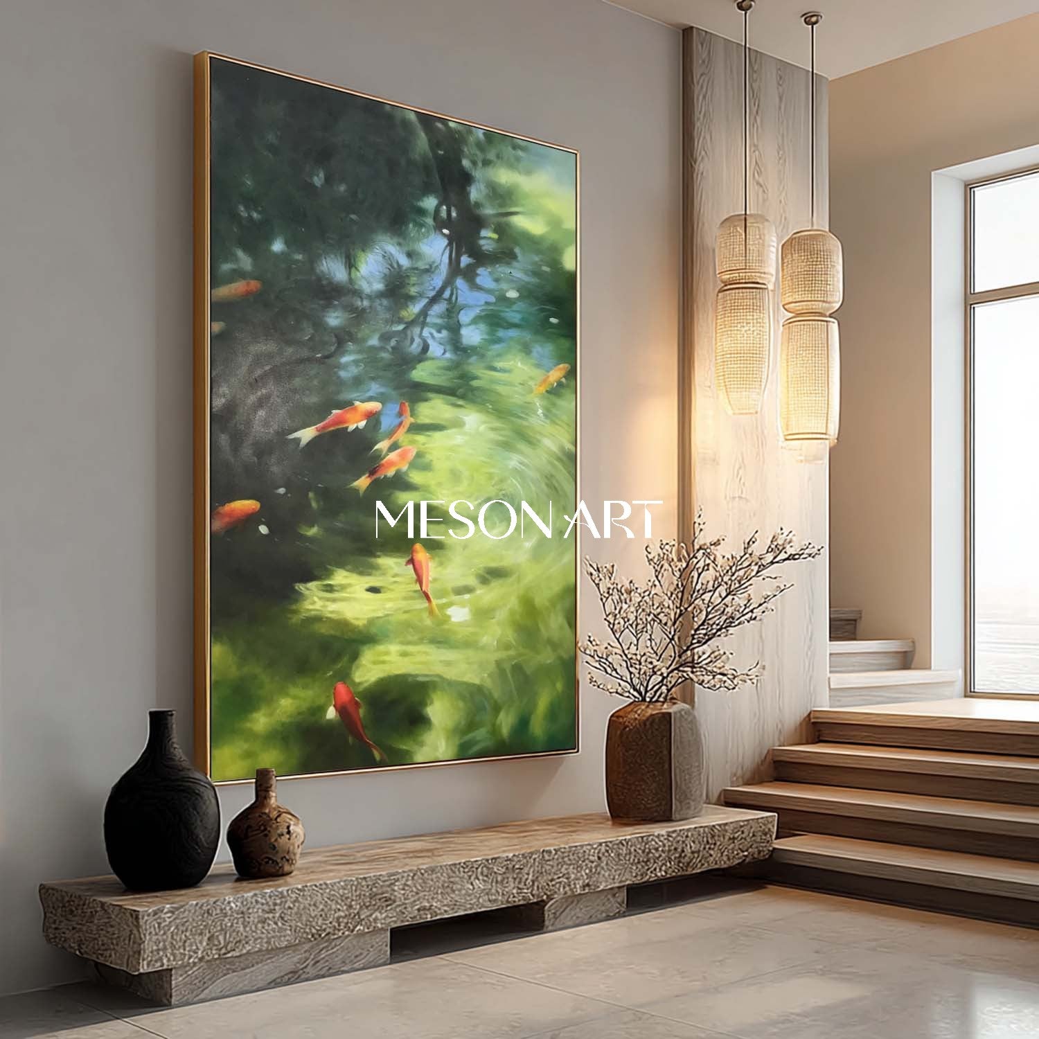 Handmade Green Water Feng Shui Koi Fish Canvas Peaceful Zen Wall Art