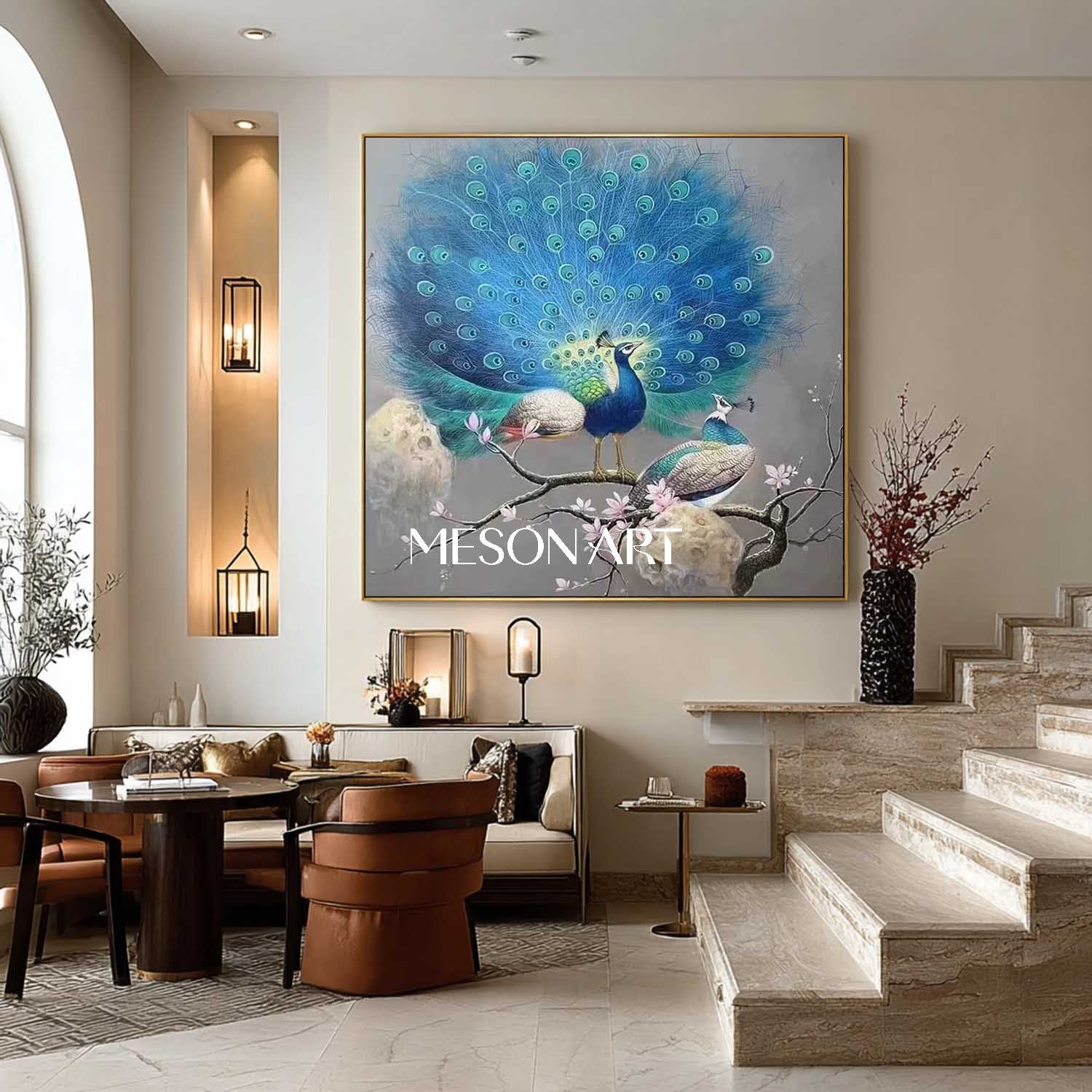 Modern Elegant Blue Peacock Wall Art Peacock Couple Canvas Painting