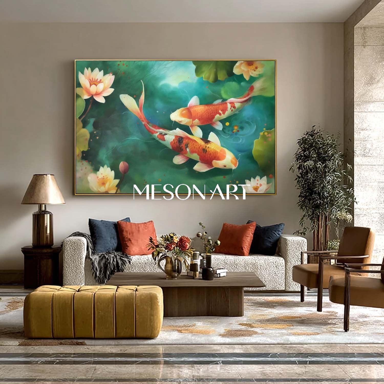 Hand-Painted Romantic Koi Fish Couple Wall Art Lotus Pond Canvas Decor