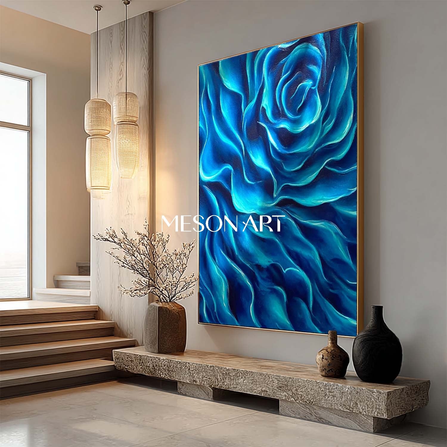 Blue Waves Abstract Flower Painting Modern Art on Canvas Wall Decor