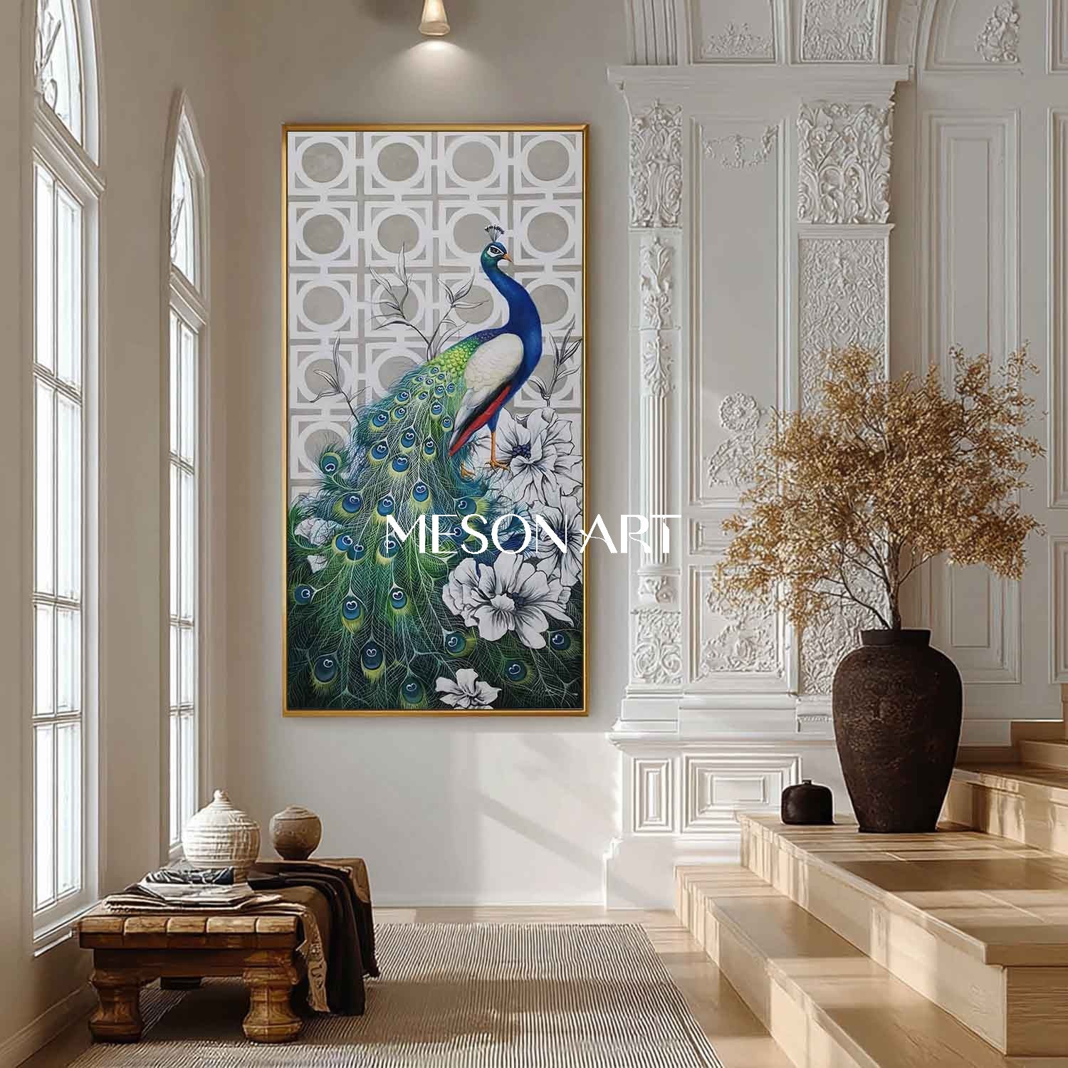 Green Peacock Modern Hand-Painted Painting Vertical Canvas On Sale