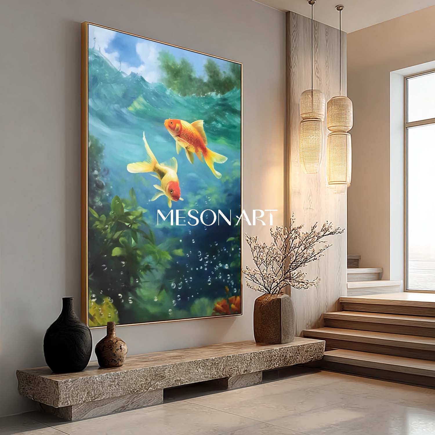 Blue Water Goldfish Painting Feng Shui Wall Art Home and Office Decor