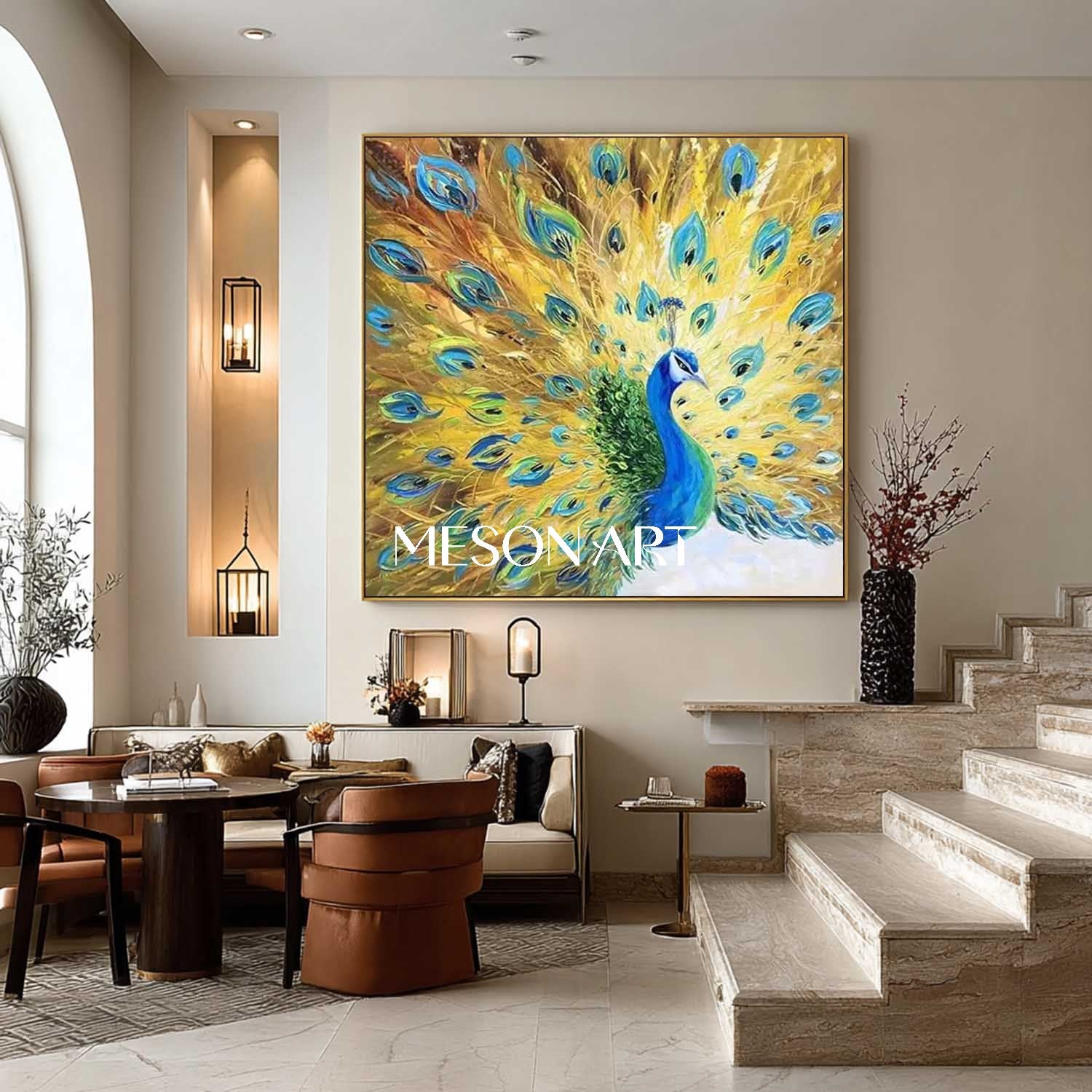 Handmade Modern Luxury Golden Peacock Wall Art Vibrant Canvas Painting
