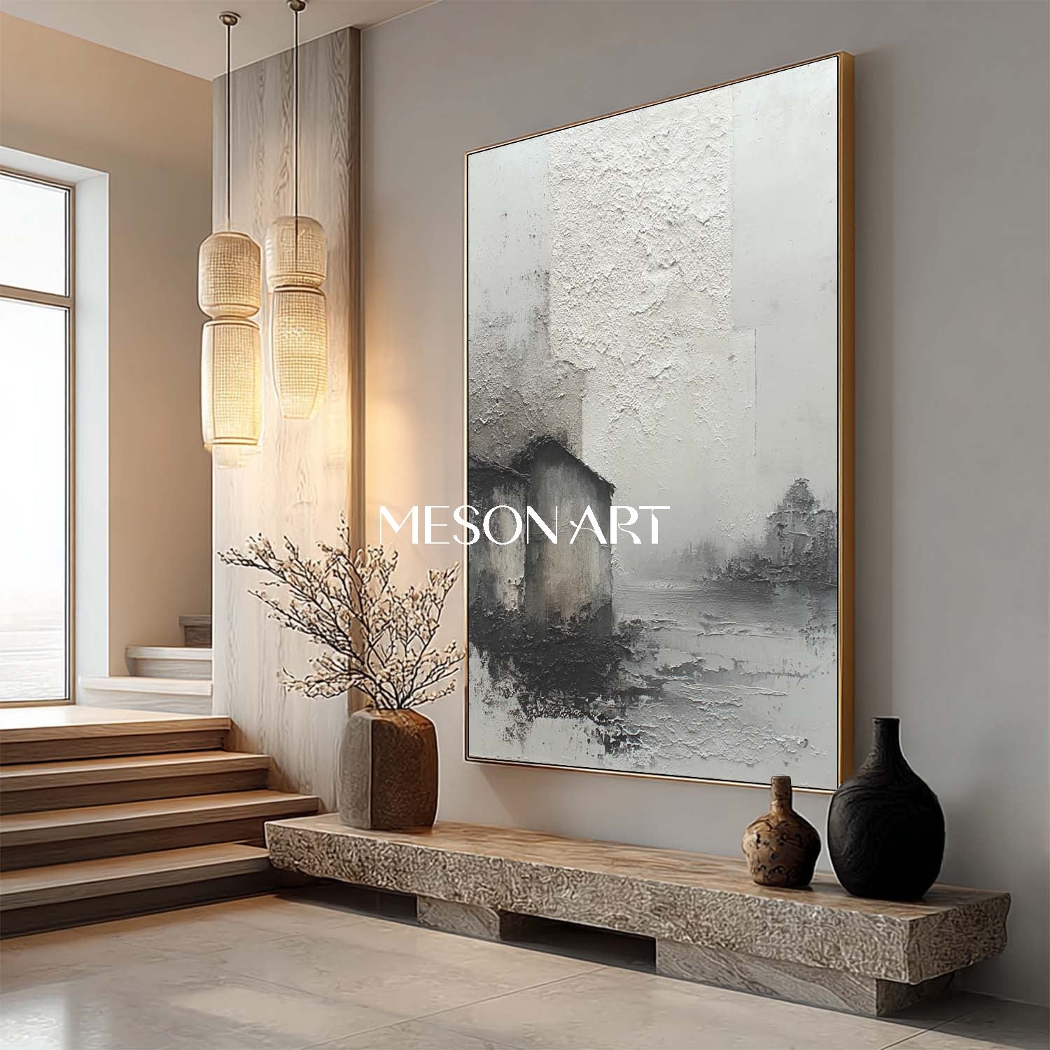 Gray And Black Abstract Texture Landscape Painting Wabi-Sabi Art Décor