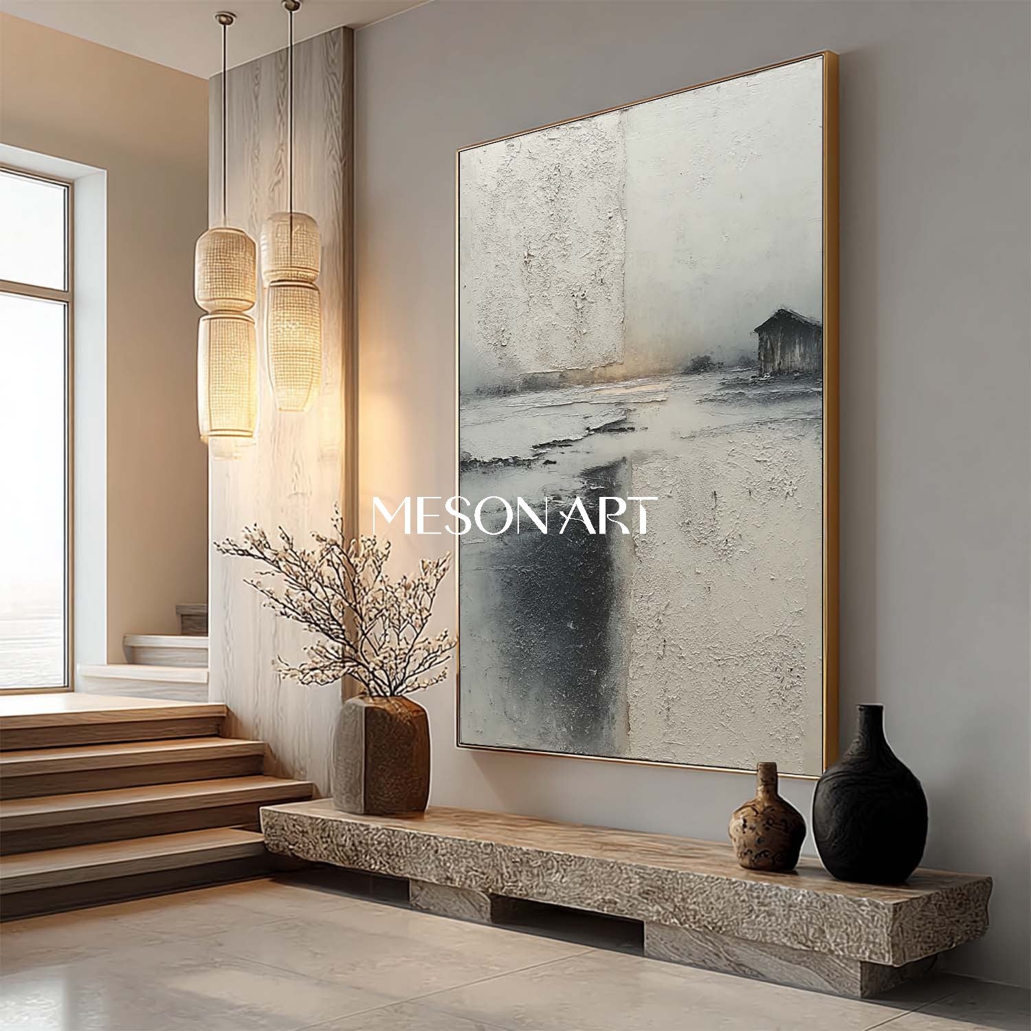 3D Large Gray Minimalist Landscape Painting Abstract Texture Wall Art