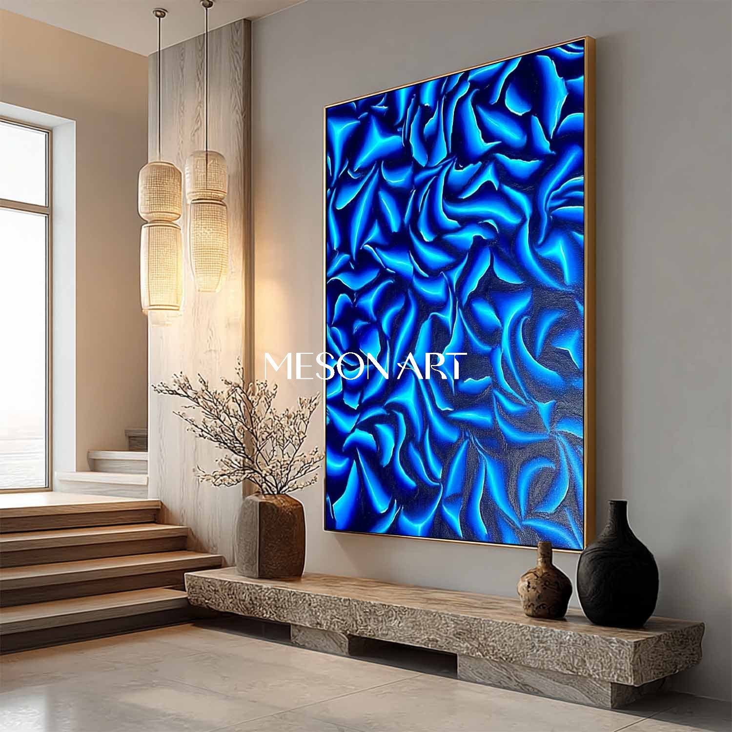 Contemporary Blue Geometric Abstract Painting Modern Wall Art Canvas