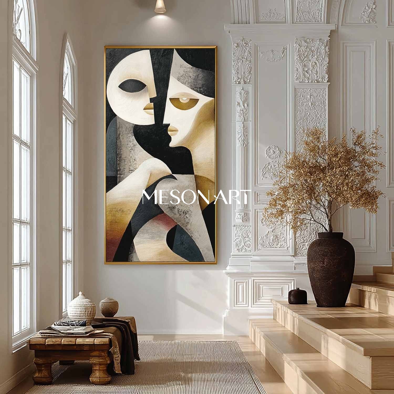 Black Vertical Abstract Cubist Textured Painting Canvas Living Room