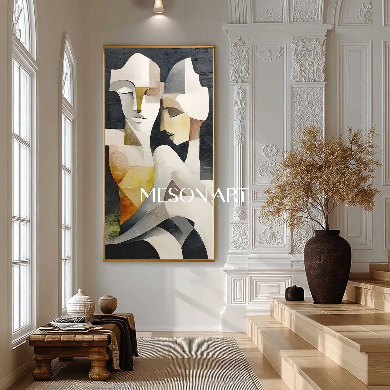 Vertical Textured Cubist Abstract Couple Large Canvas Oil Painting