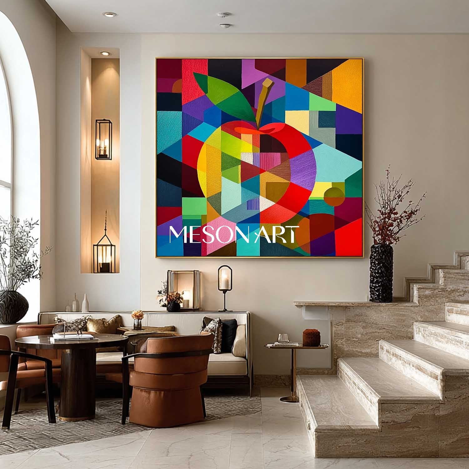 Colorful Geometric Apple Wall Art Modern Abstract Pop Canvas Painting