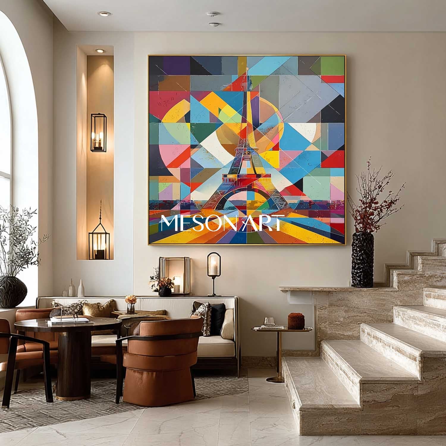 Colorful Eiffel Tower Wall Art Modern Geometric Abstract Oil Painting