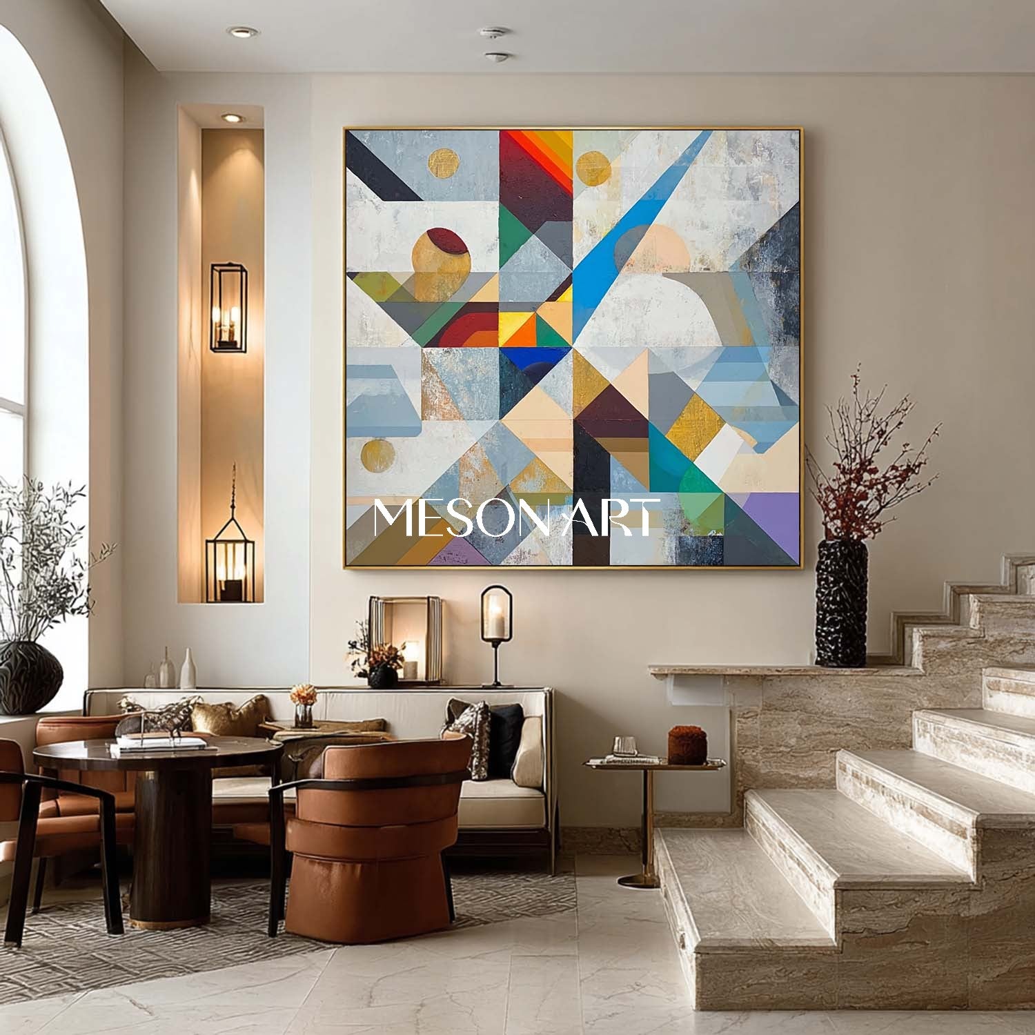 Bauhaus Geometric Abstract Wall Art Neutral Color Cubist Painting