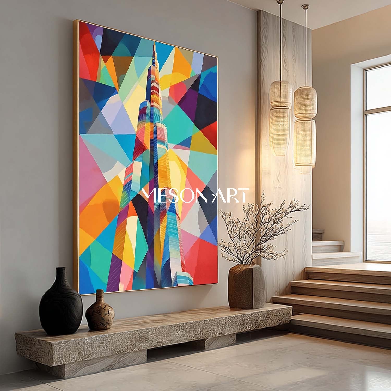 Modern Abstract Building Painting Colorful Urban Wall Art Canvas Decor