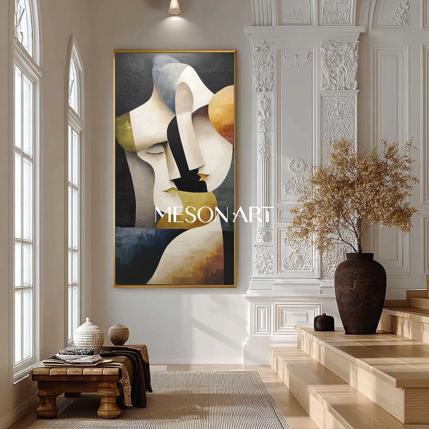 Cubist Vertical Gold Geometric Abstract Couple Original Oil Painting