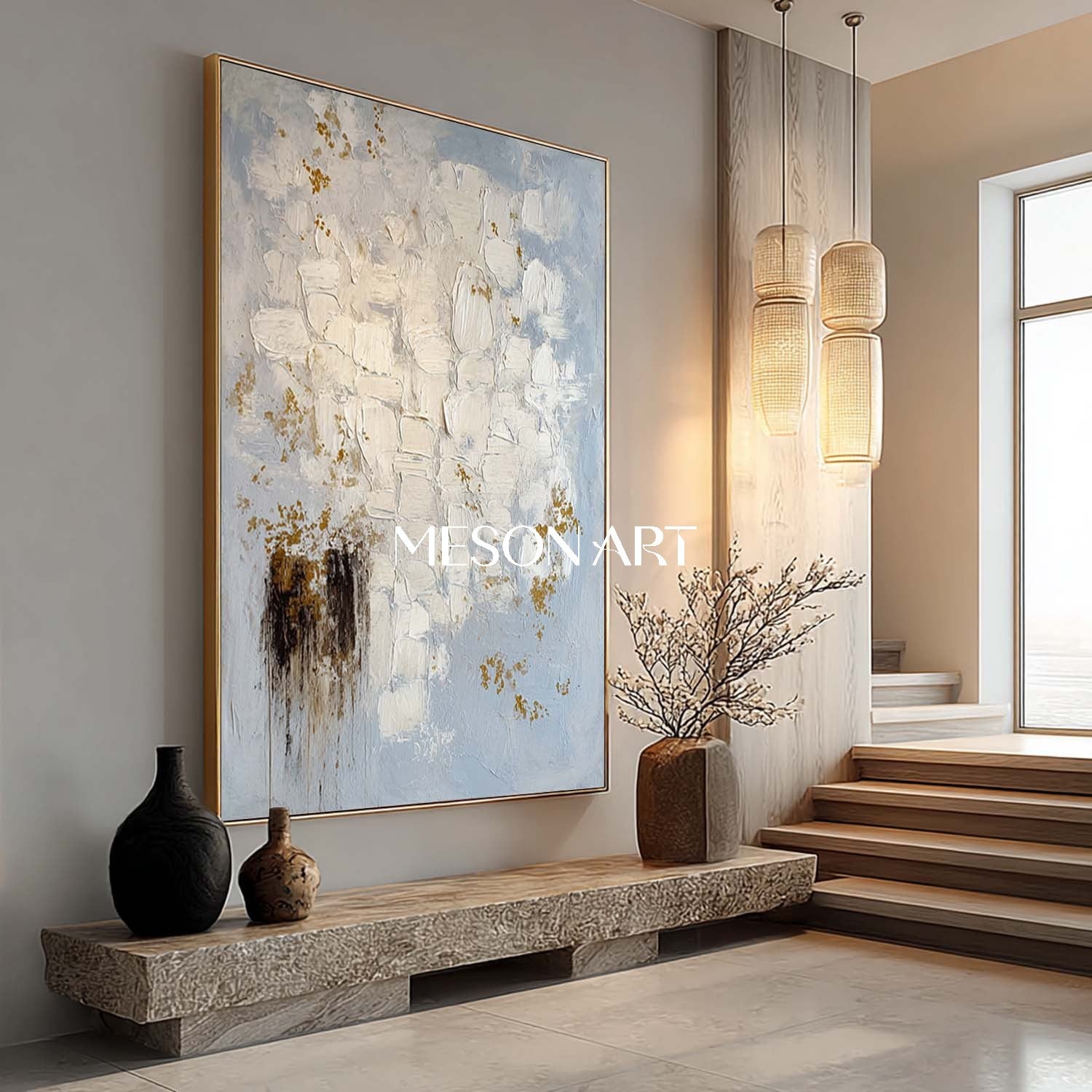 Minimalist Abstract Art Blue Beige Luxury Impasto Painting Wall Décor