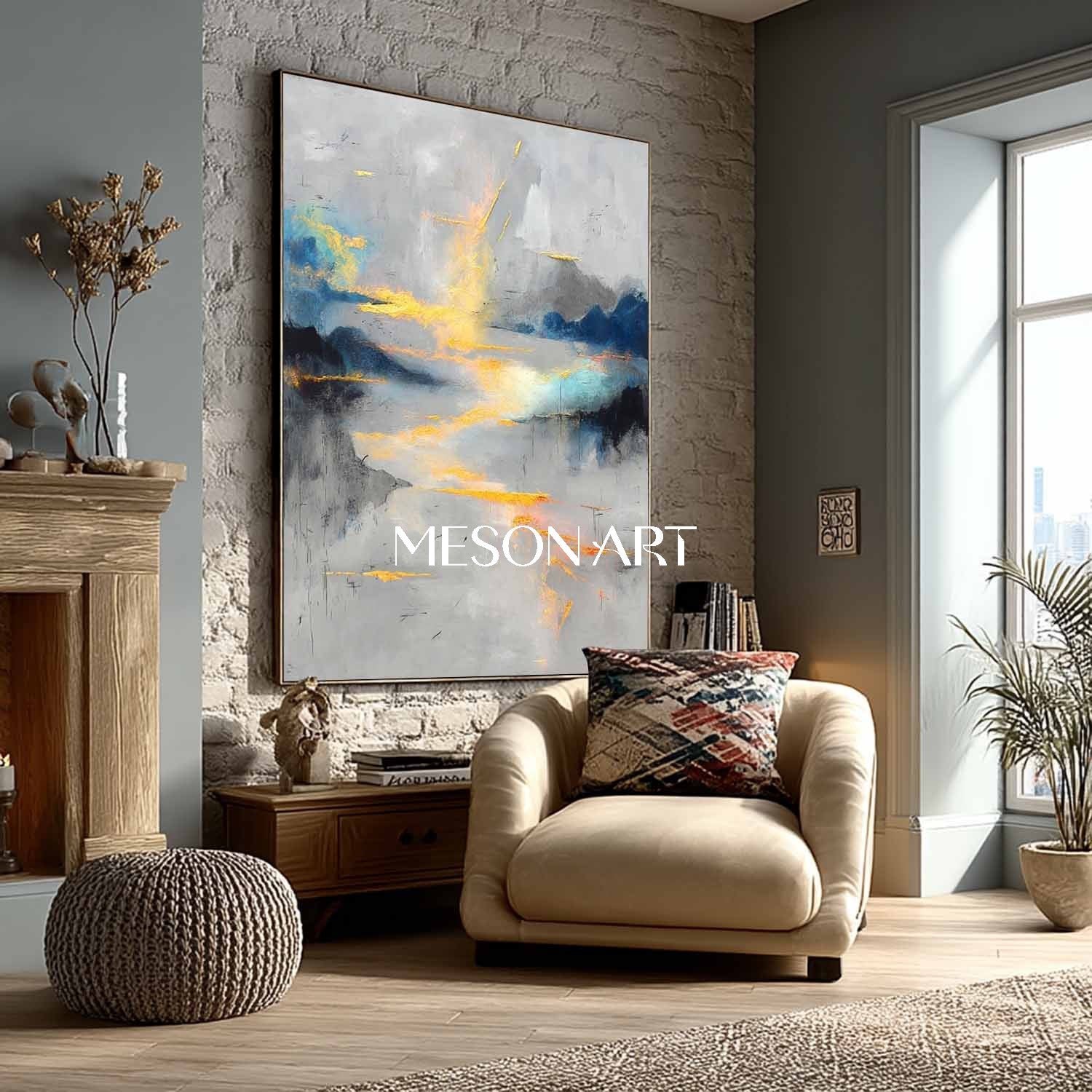 Buy Gray Blue Abstract Oil Painting Modern Textured Canvas Living Room