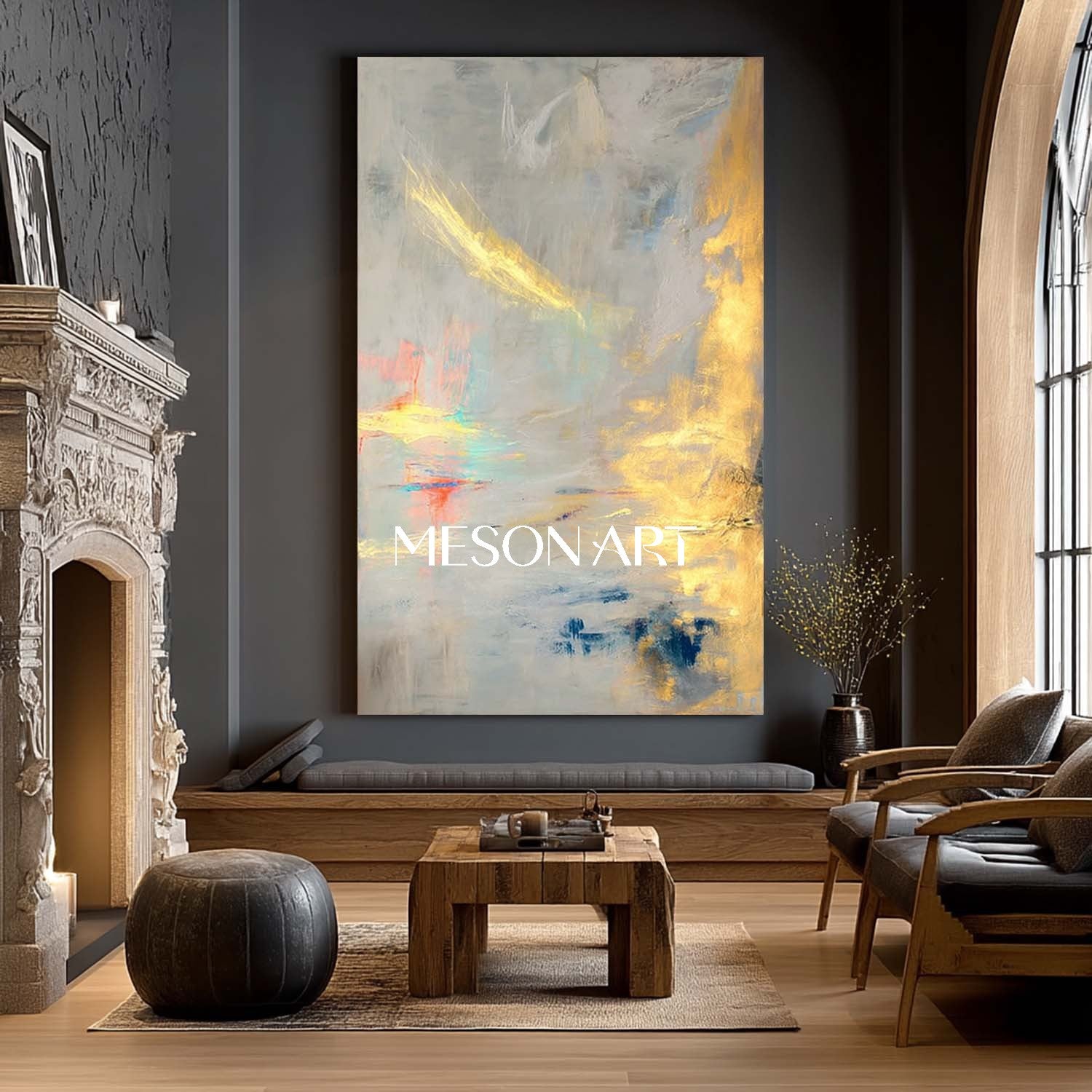 Gold Gray Abstract Textured Painting Large Vertical Entryway Wall Art