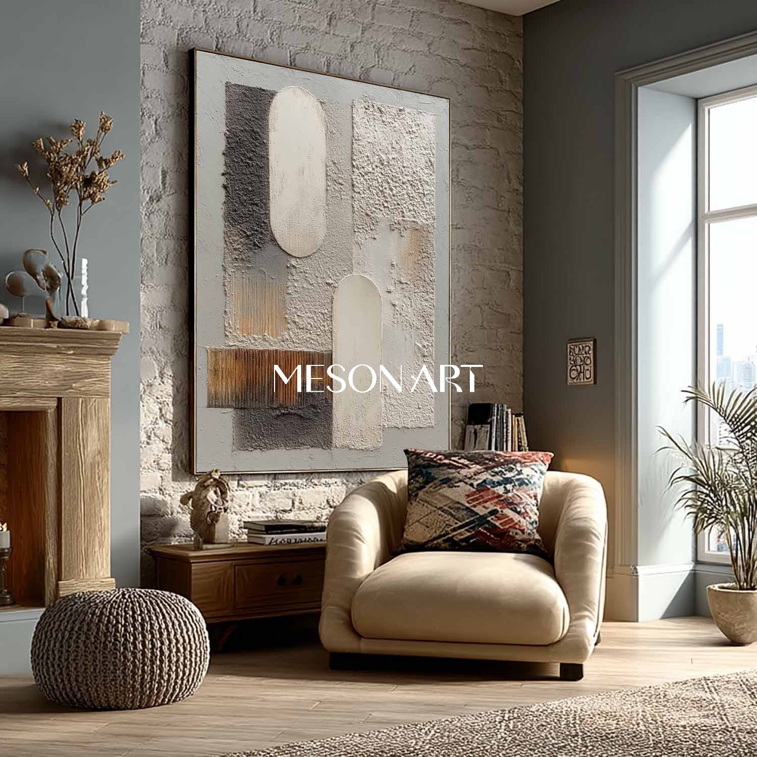 Large Contemporary Wabi-Sabi Original Textured Canvas Bedroom On Sale