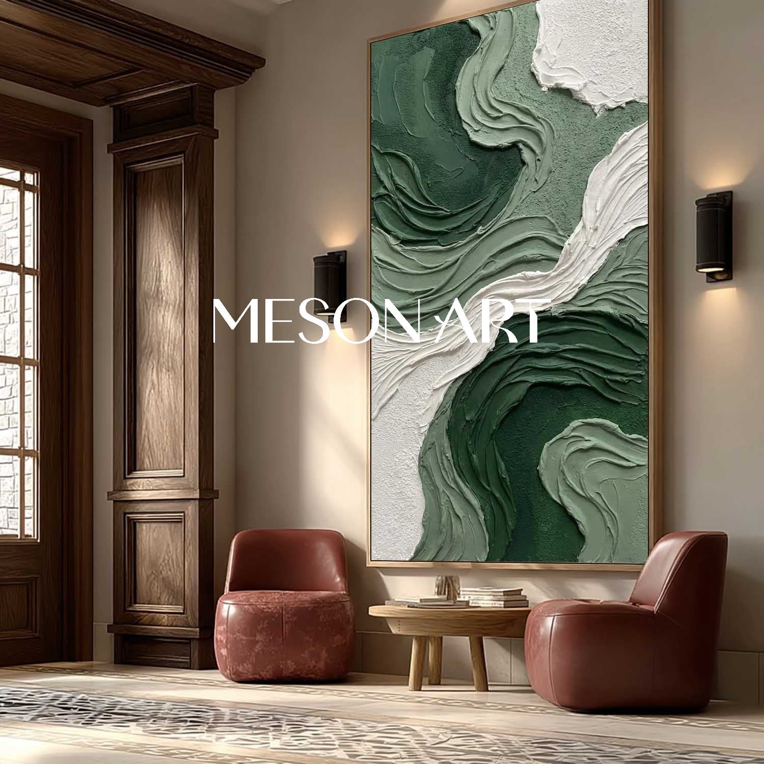Large 3D Green Decorative Wall Art Abstract Green Textured Painting In The Dining Room.