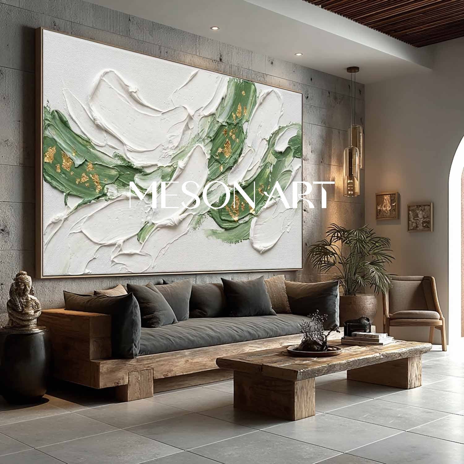 Large White Plaster Abstract Canvas Art White And Light Green Wall Art Decor