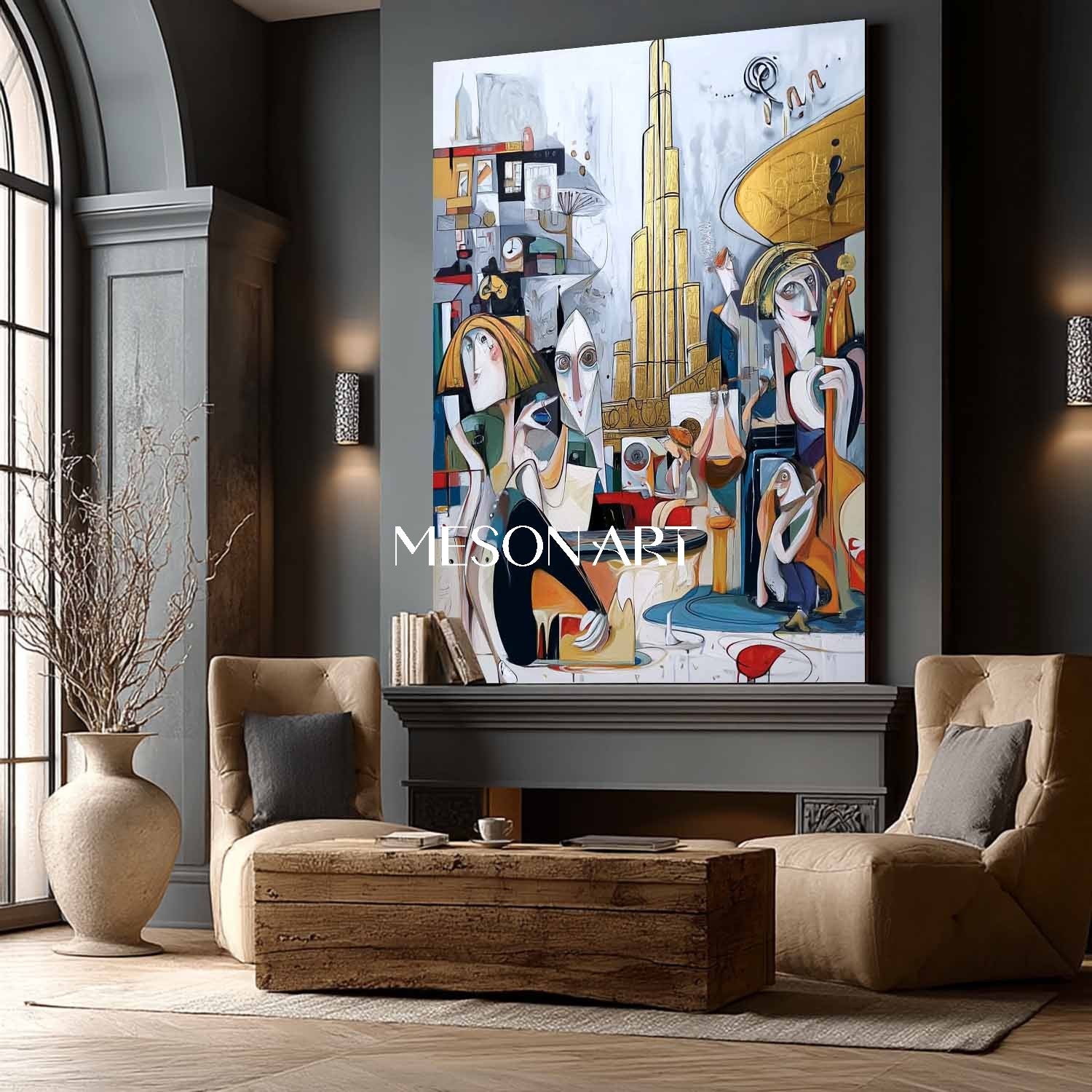 Colorful Cubism Figurative Abstract Painting Large Canvas Coffee Shop