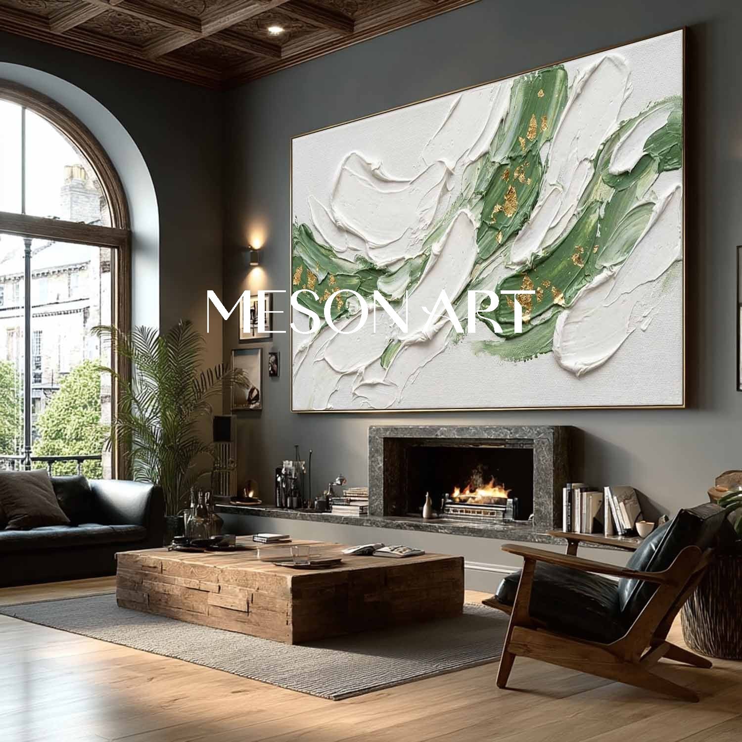 Large White Plaster Abstract Canvas Art White And Light Green Wall Art Decor