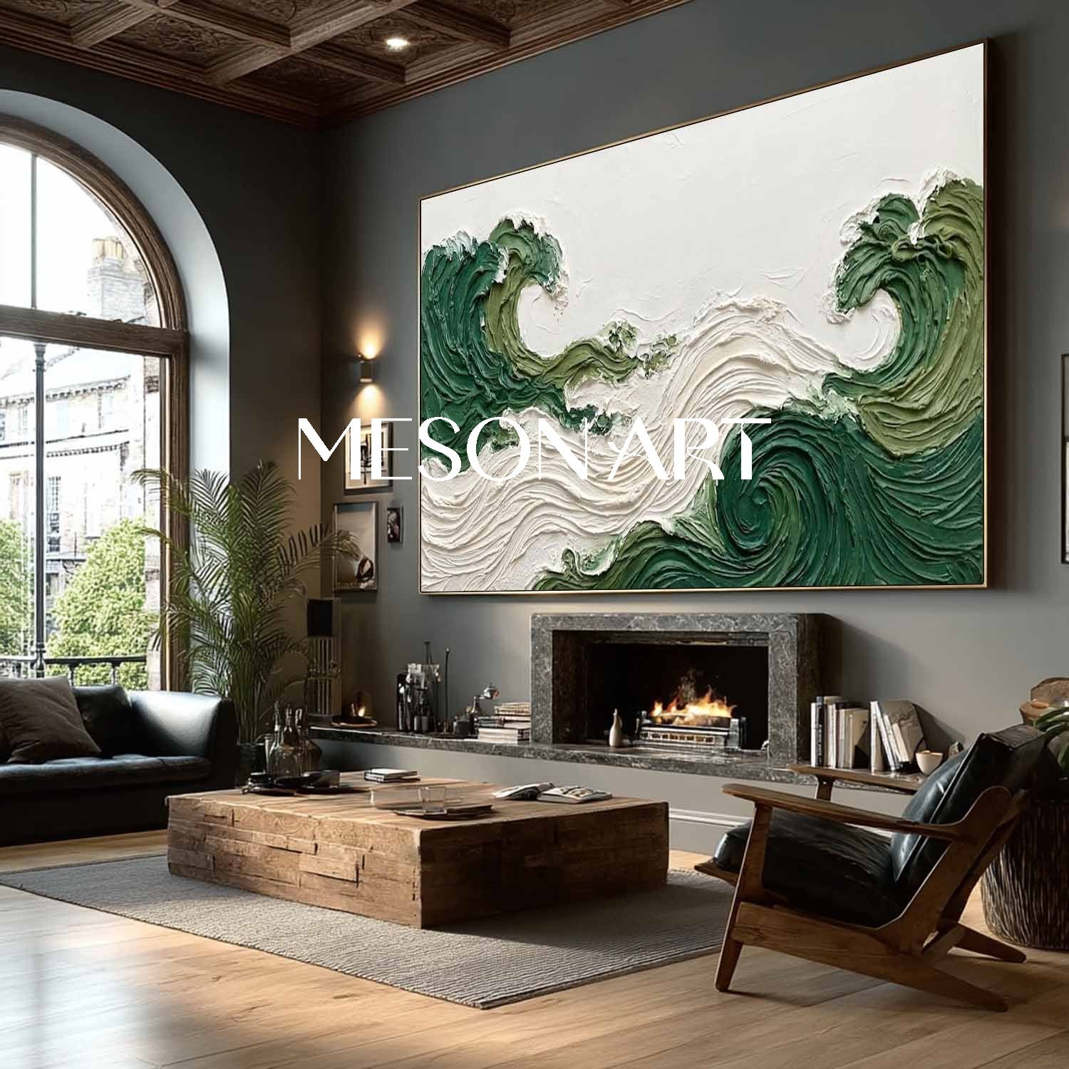 Large Abstract Green Beach Painting Panoramic Green Waves Bedroom Wall Decor Art