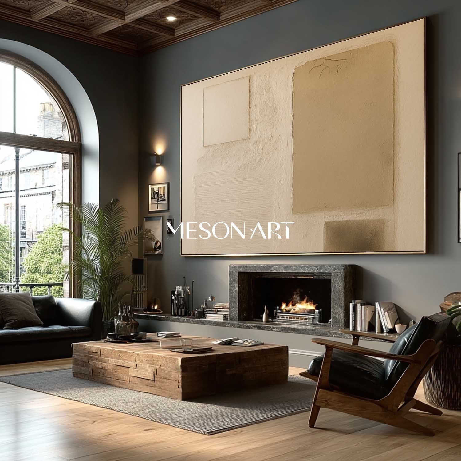 Large Horizontal Hand Painted Textured Canvas Wabi-Sabi Framed Art