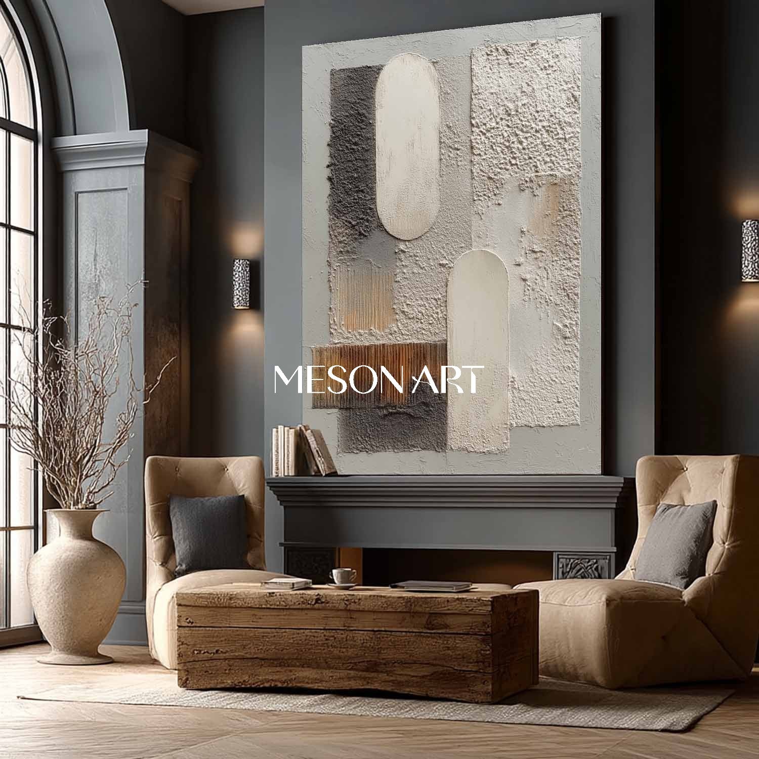 Large Contemporary Wabi-Sabi Original Textured Canvas Bedroom On Sale