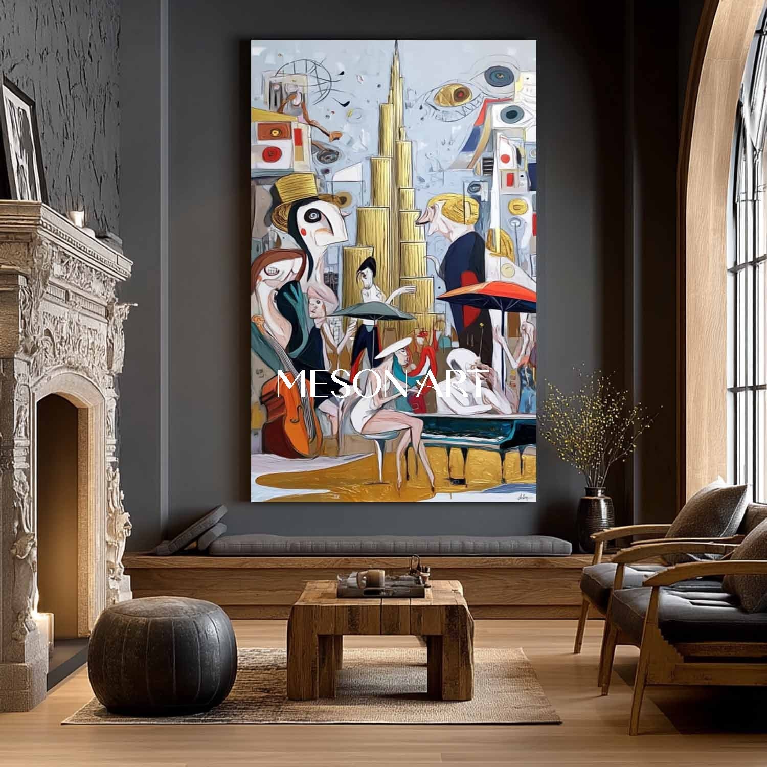 Vertical Abstract Cubism Hand Painted Custom Canvas Entryway Wall Art